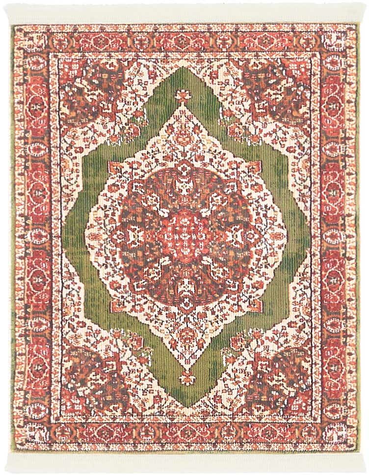 A 2x3 rectangular Rugs.com Santiago rug featuring a green medallion and border with red, cream, and brown traditional patterns.