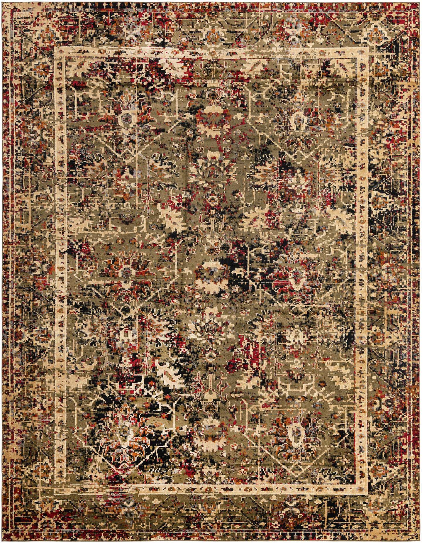 A 10x14 rectangular Saturn collection rug with a distressed traditional pattern in shades of green, red, black, and cream.
