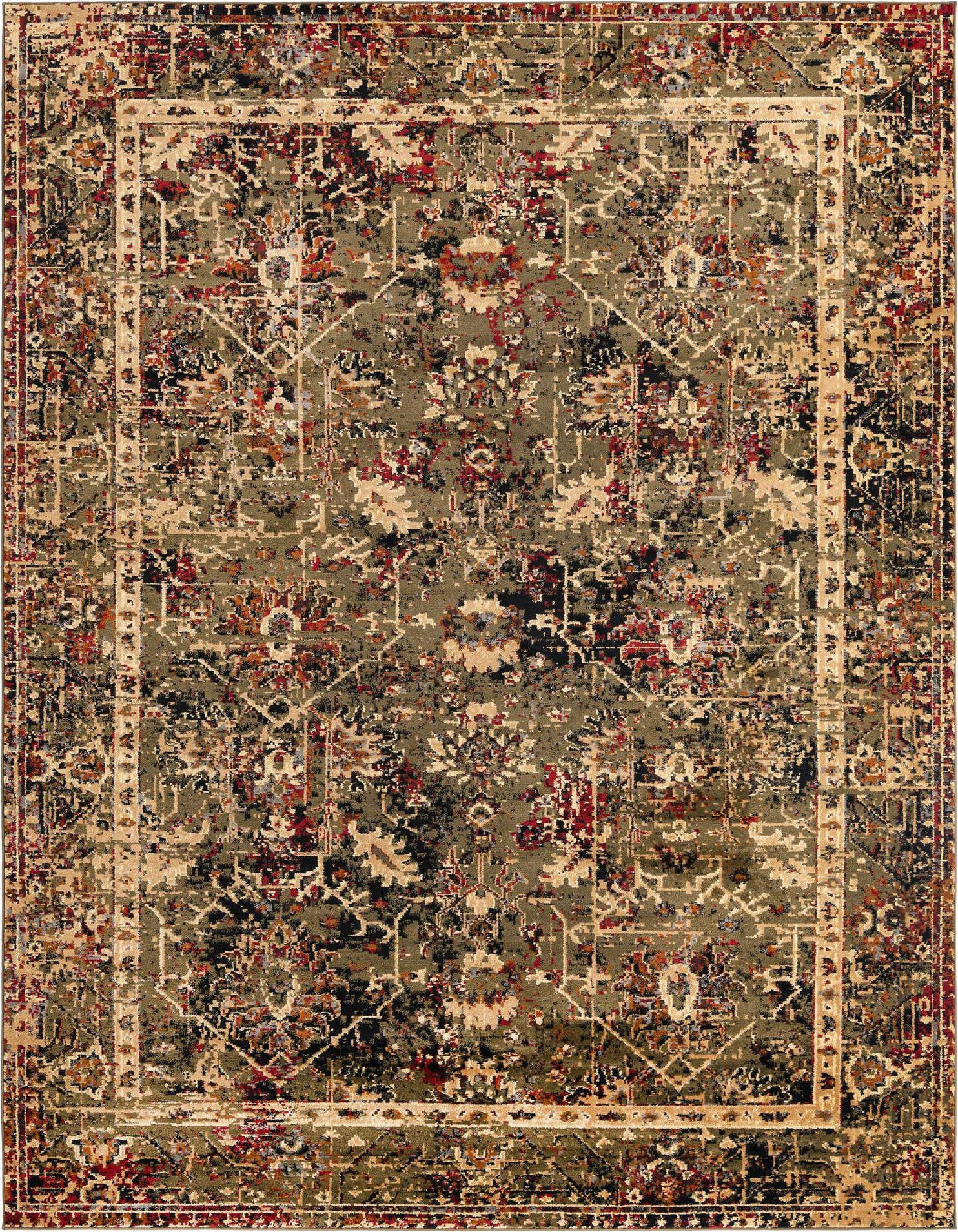 A 9x12 rectangular indoor area rug featuring a distressed traditional floral and tribal pattern in shades of green, black, red, and beige.