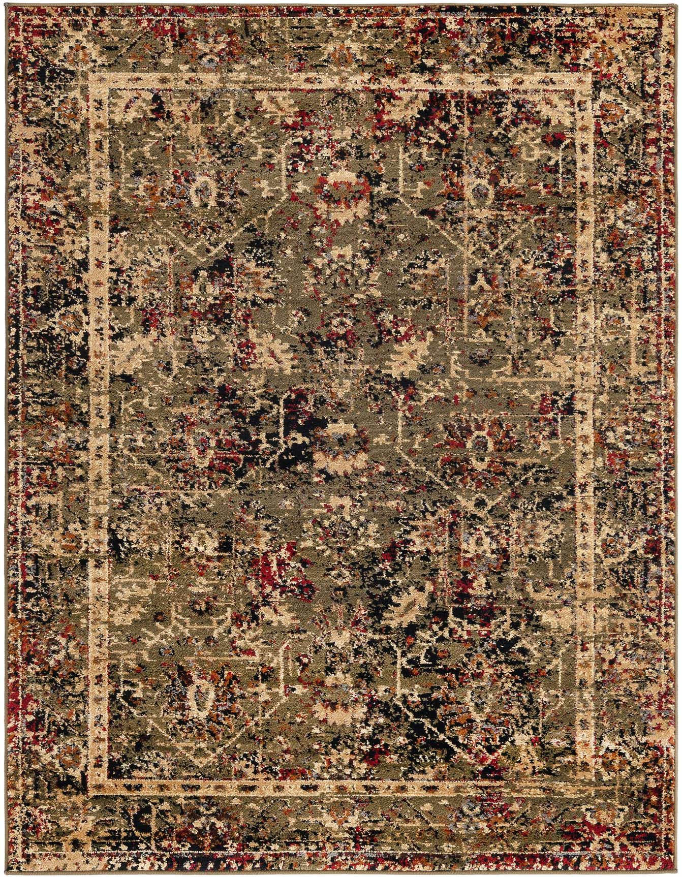 A 4x6 rectangular indoor rug featuring a distressed traditional pattern in shades of green, black, red, and beige.
