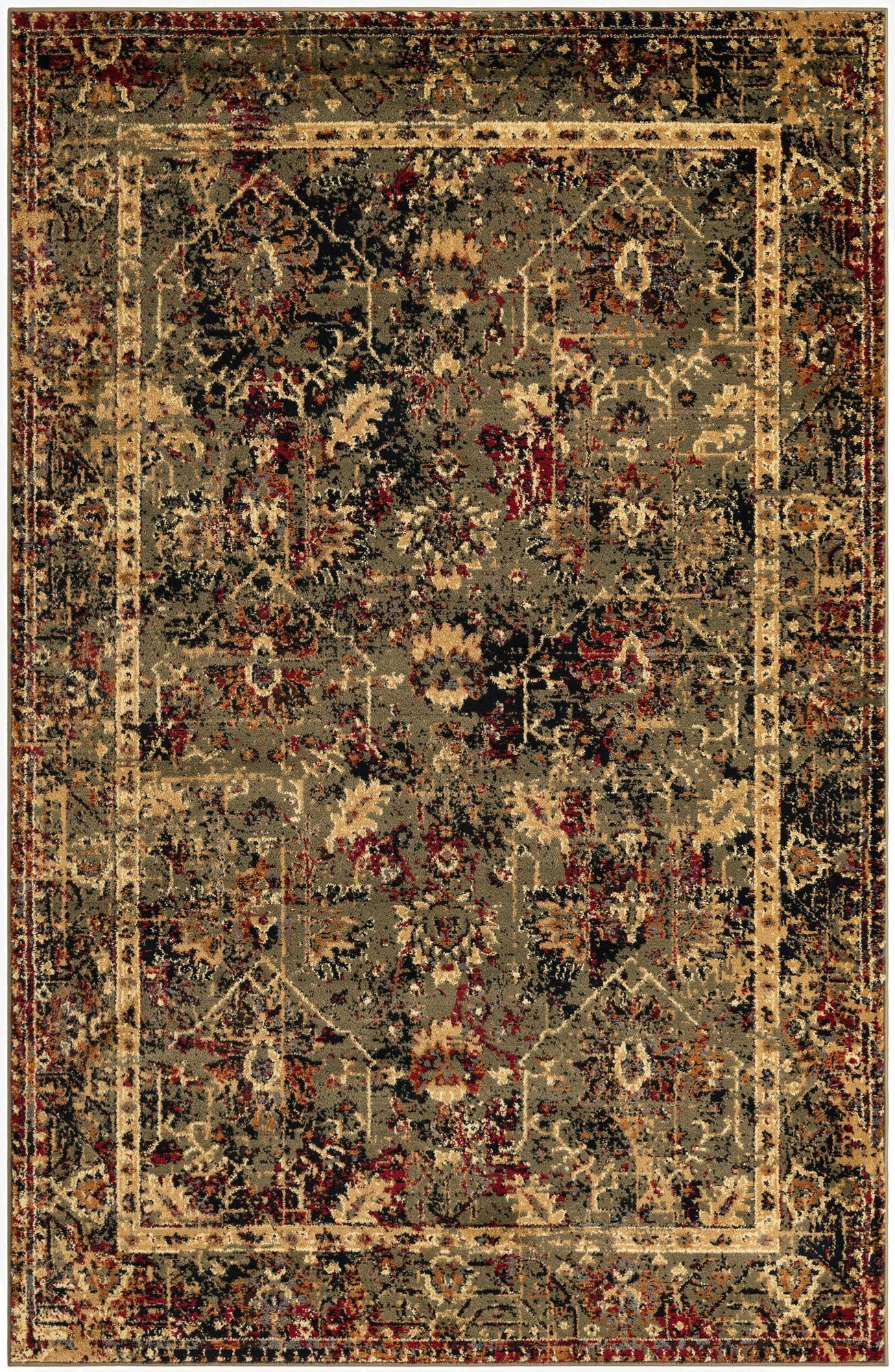 A 5x8 rectangular indoor rug with a distressed traditional pattern in shades of green, black, red, and gold.