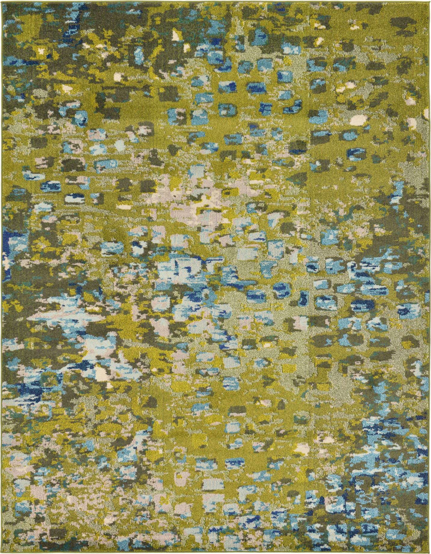 A 7x10 rectangular Sevilla rug in shades of green, blue, and light grey with an abstract, eclectic pattern, suitable for a living room.
