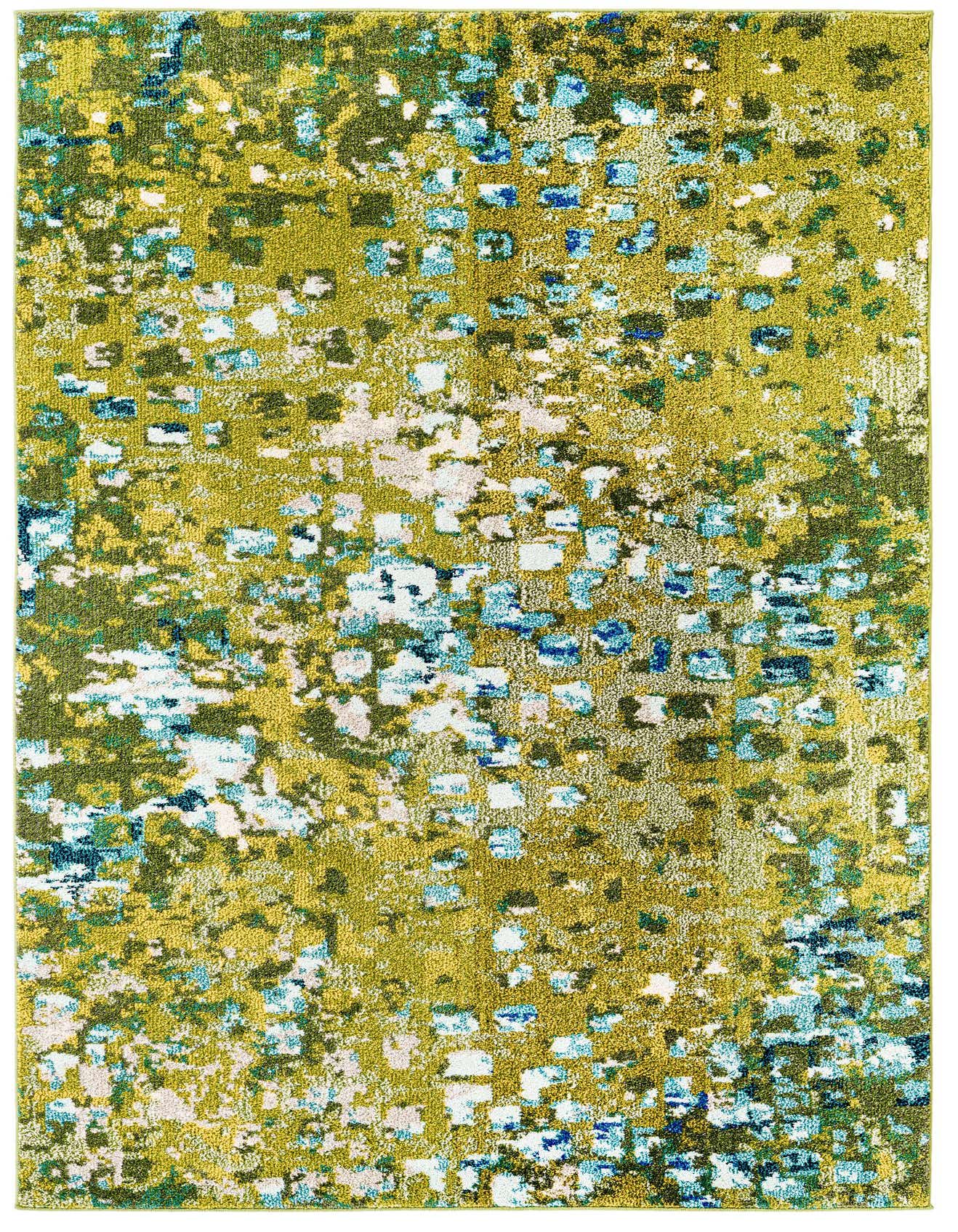 A 5x8 rectangular green area rug with an abstract, eclectic pattern featuring various shades of green, blue, and white.