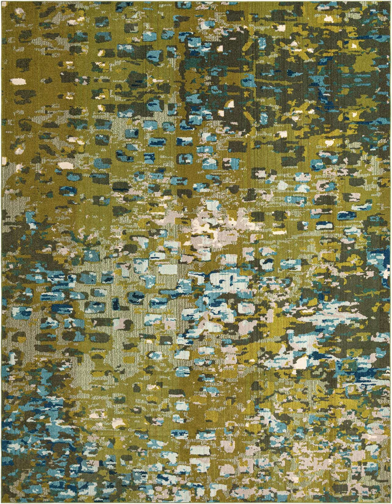 A rectangular green area rug with an abstract, pixelated pattern in shades of blue, teal, white, and light pink.