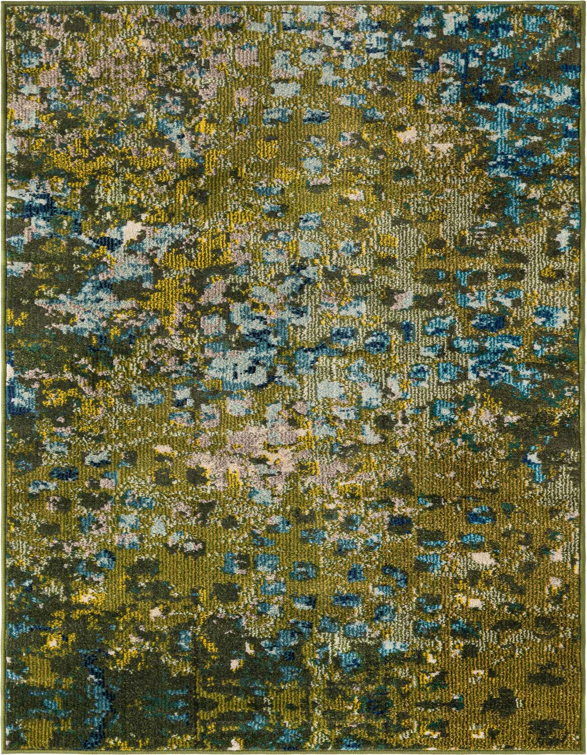 A 3x5 rectangular Sevilla rug featuring an abstract, eclectic pattern in various shades of green, blue, and yellow.