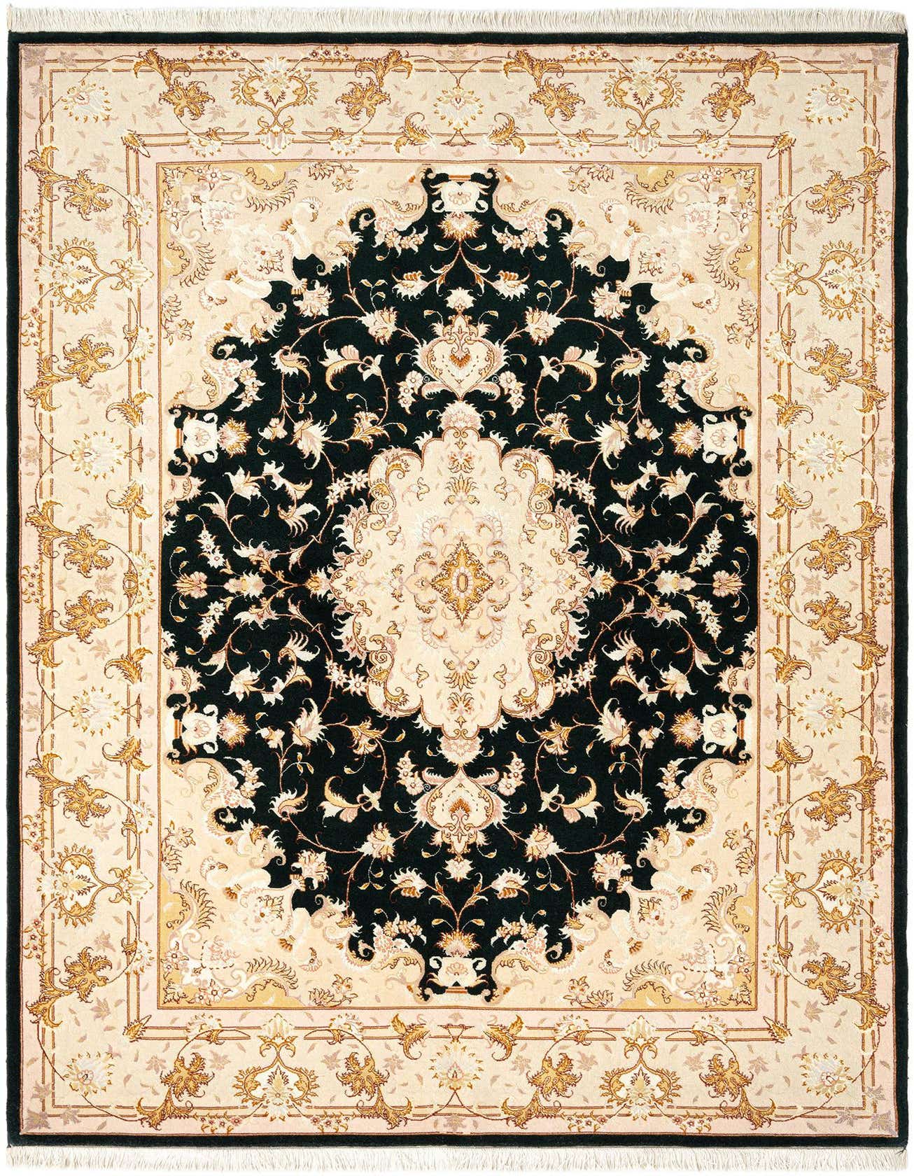 A 5x8 rectangular Tabriz Persian rug in green and cream, featuring an intricate floral medallion design.