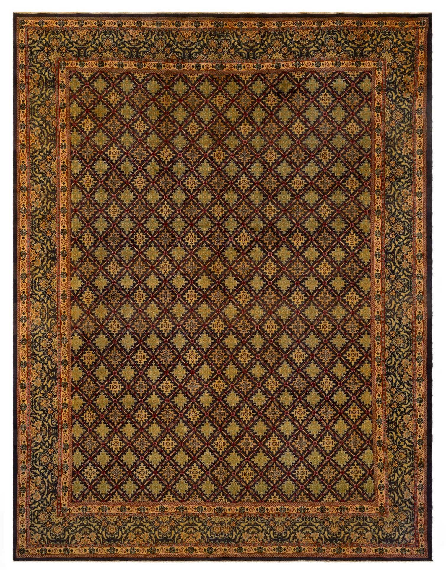 An 8x11 rectangular Persian wool rug featuring a dark green field with repeating gold and red diamond patterns, framed by an ornate gold and black floral border.