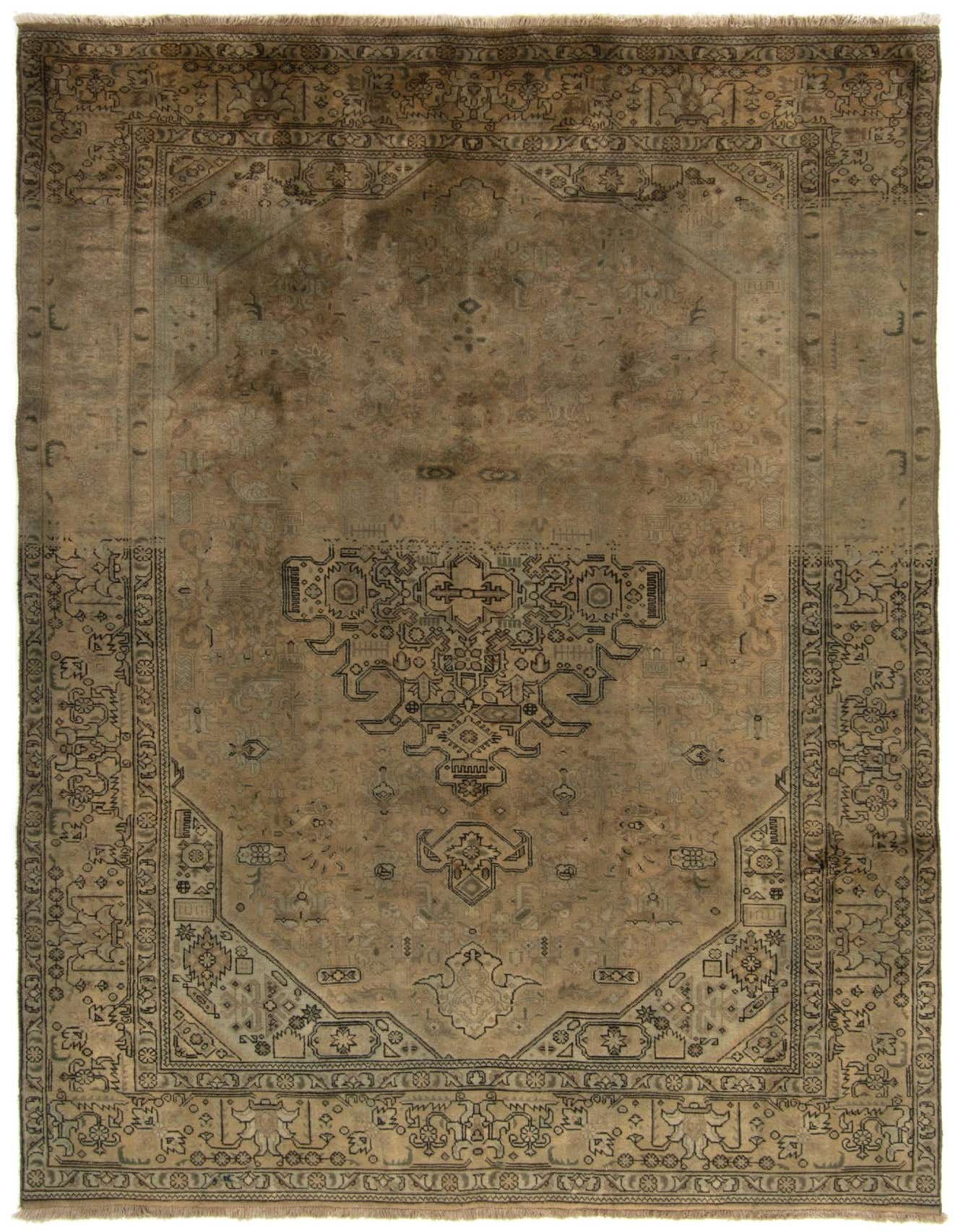 A 6x9 rectangular Tabriz Persian rug in varying shades of green with intricate traditional patterns.