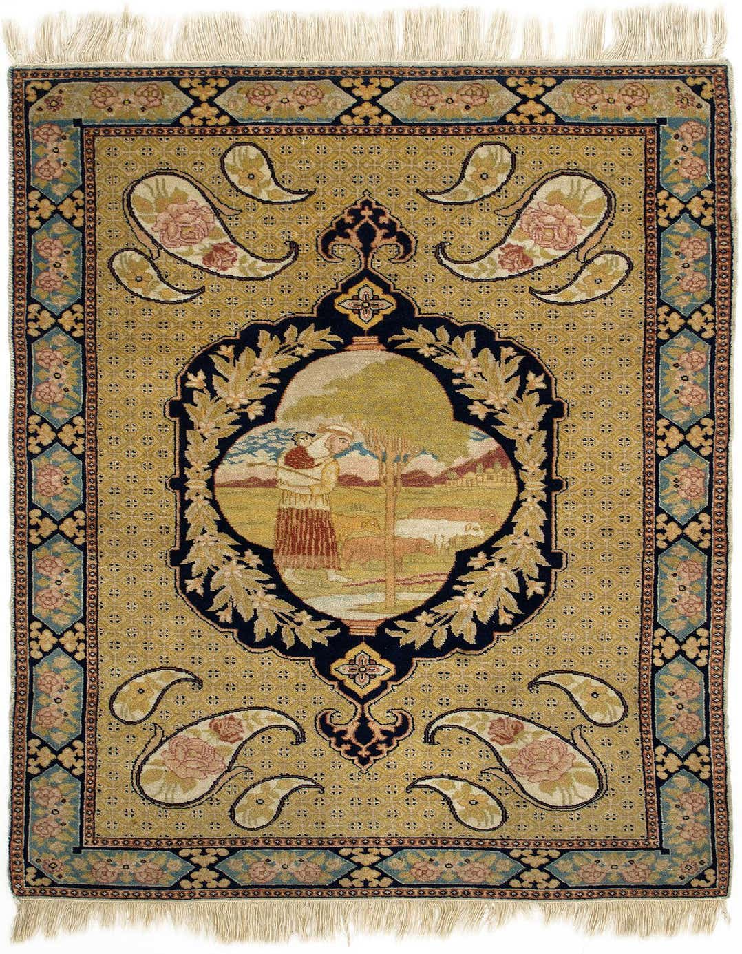 A 3x4 rectangular Persian wool rug featuring a central pastoral scene with a woman and child, surrounded by green and gold paisley and floral motifs, with a dark blue border.