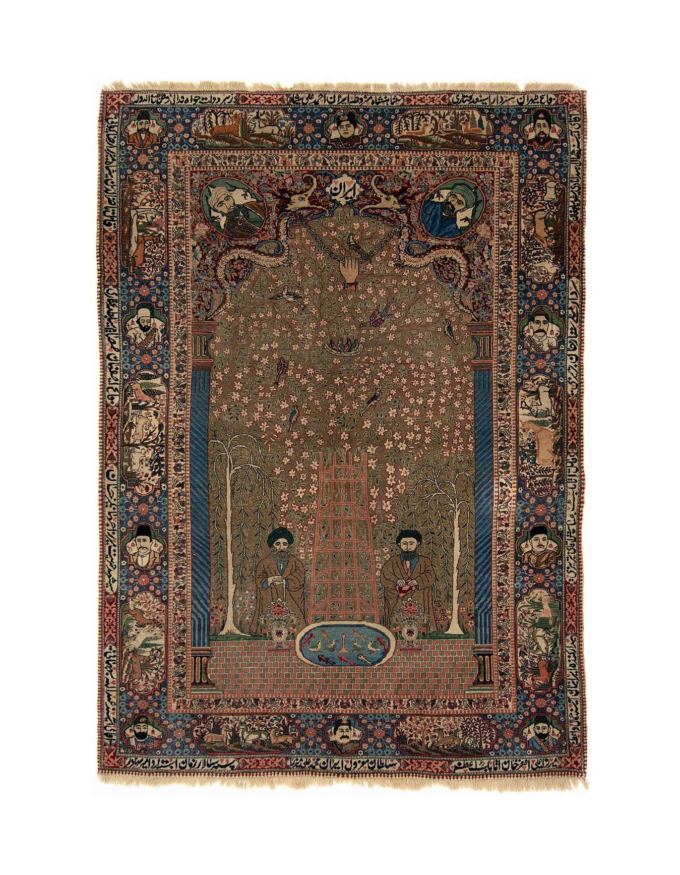 A rectangular 4x6 green Persian Tabriz wool rug with a detailed tree of life pattern, figures, and an ornate border.