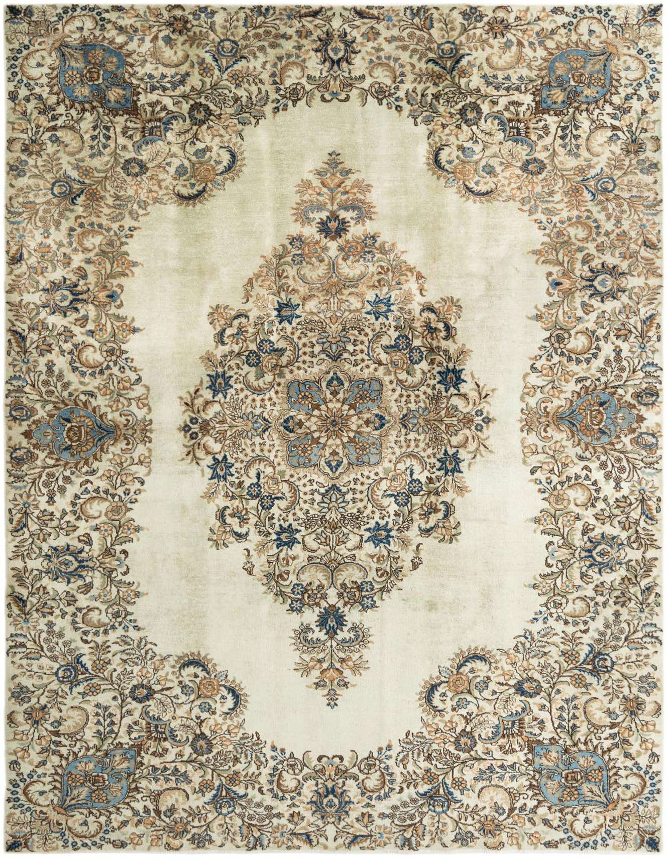 A rectangular 9x12 traditional Tabriz wool rug in shades of green, blue, and brown, featuring an intricate floral medallion pattern.