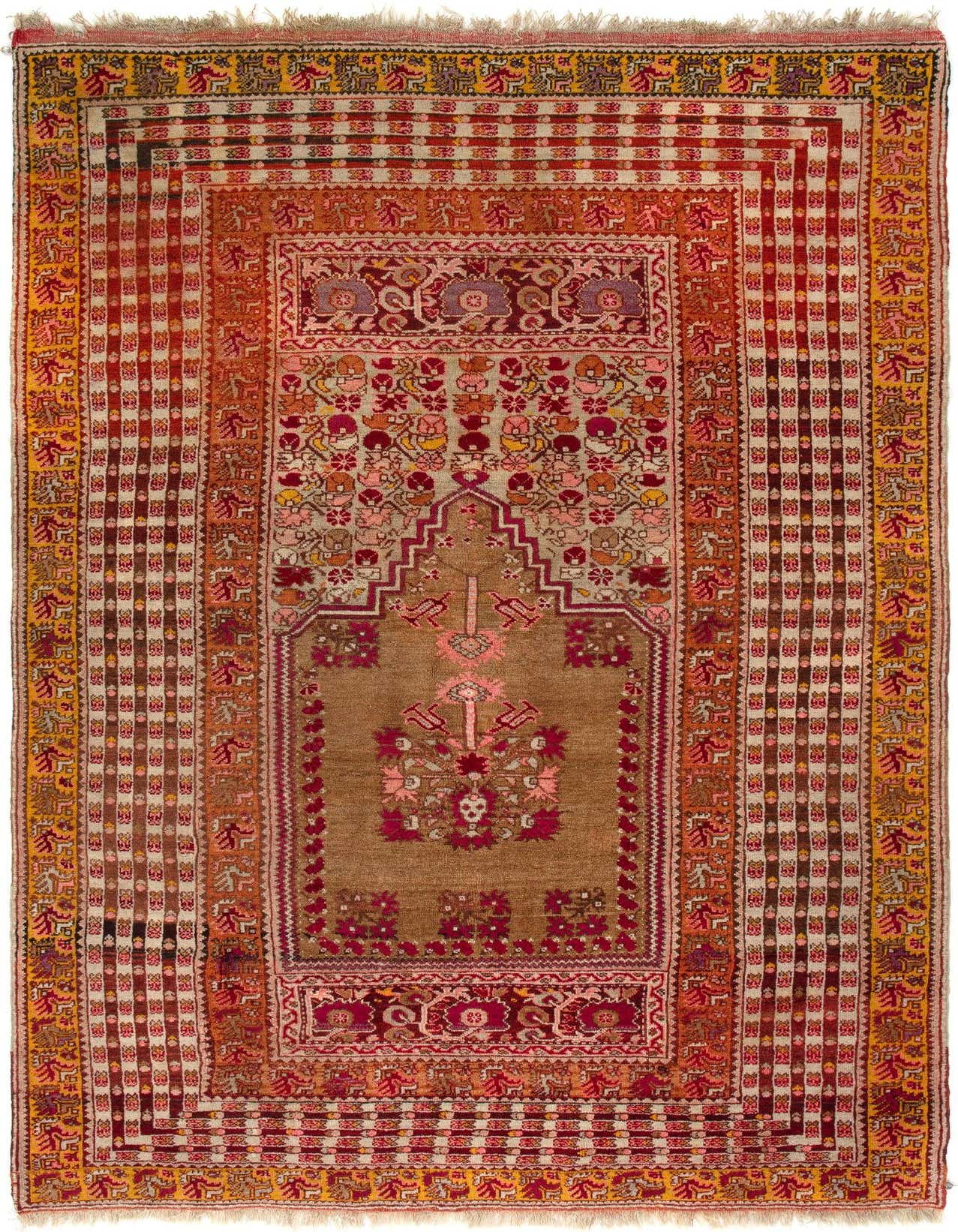A rectangular 5x8 Taspinar rug featuring a central medallion and intricate floral patterns in shades of red, pink, and orange on a brown background, with a multi-bordered design.