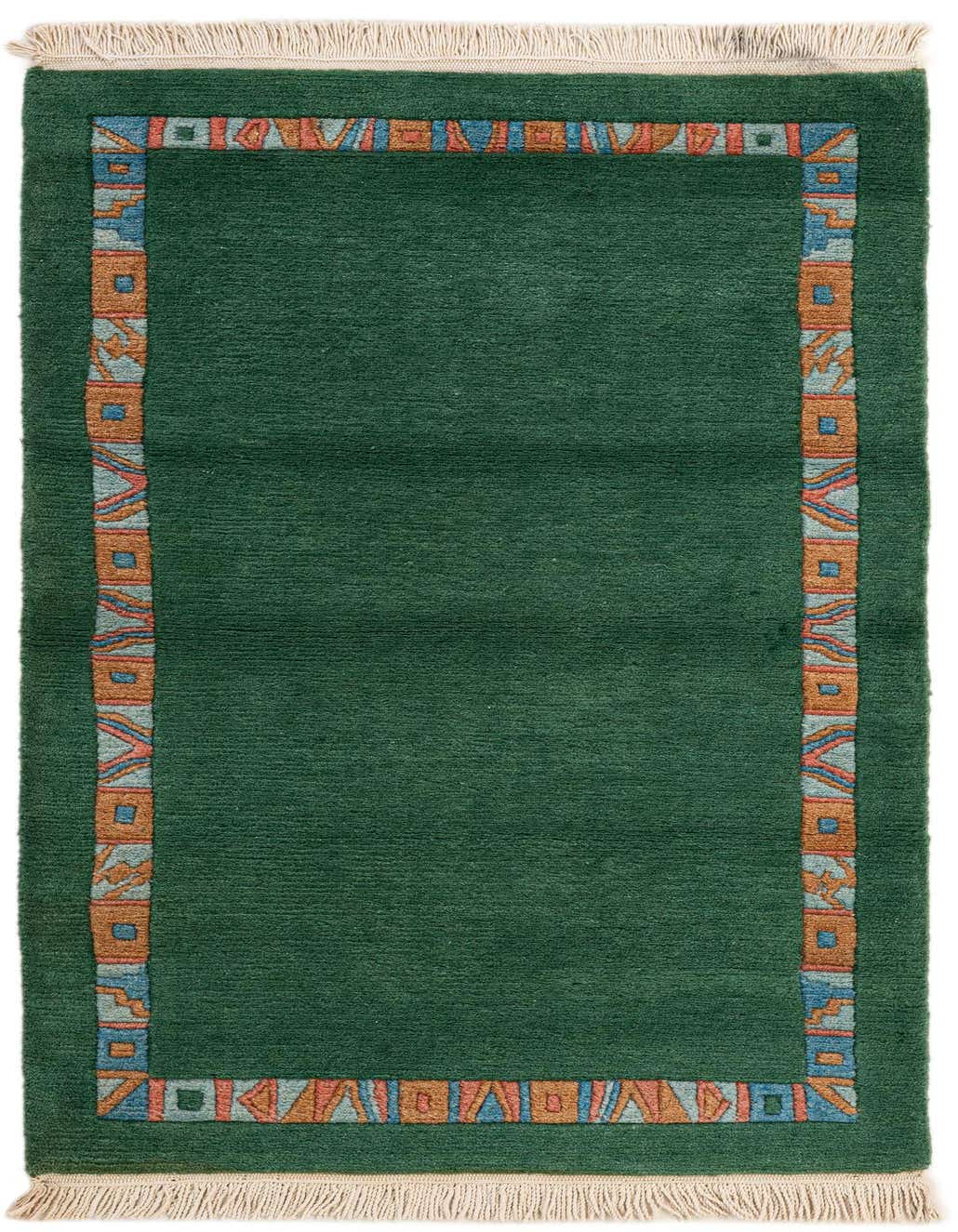 A rectangular 3x5 green wool rug with a colorful abstract border in blue, orange, and red, featuring fringe.