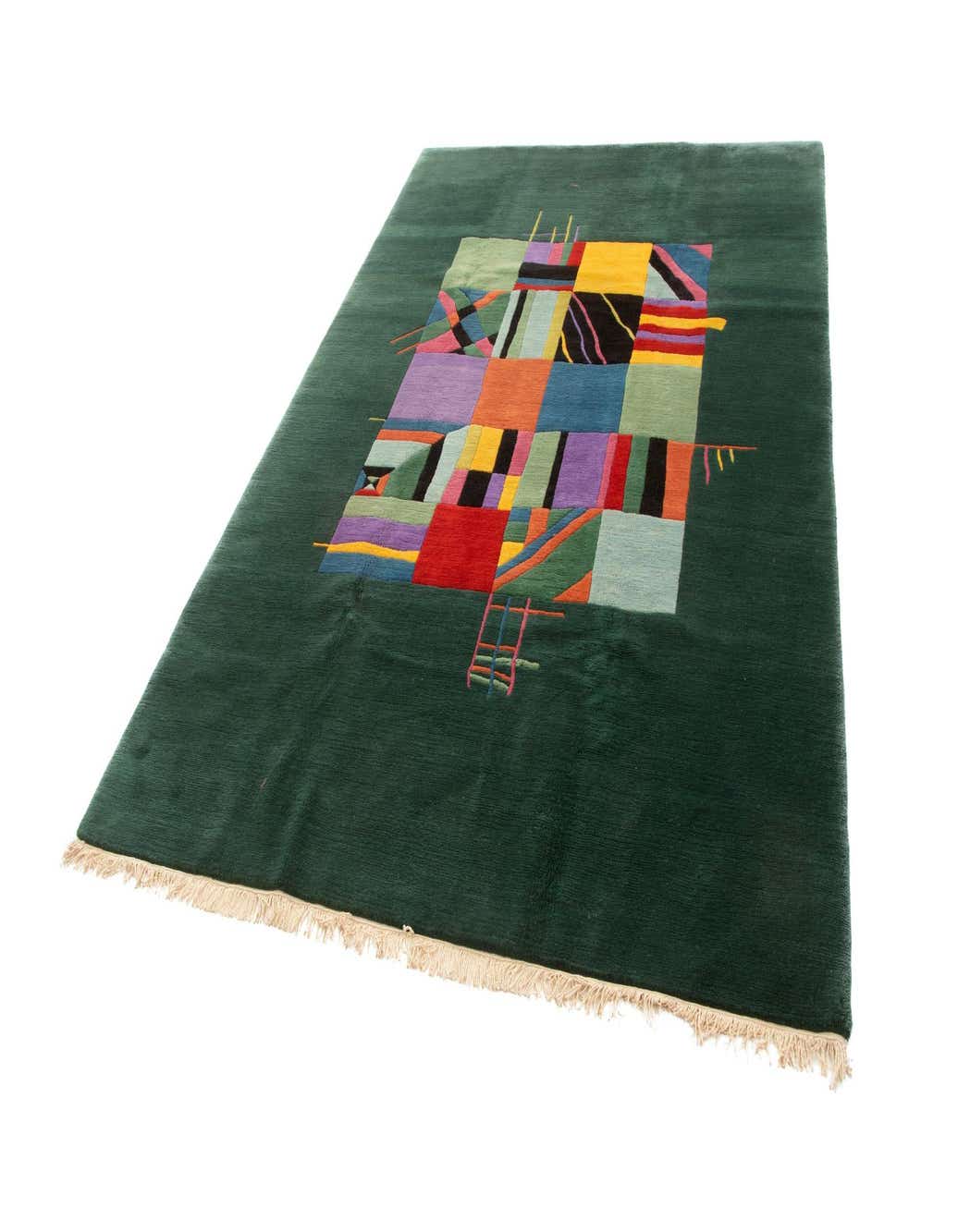 A 6x9 rectangular green Oriental rug with a vibrant, multicolored geometric pattern in the center, featuring squares and lines.