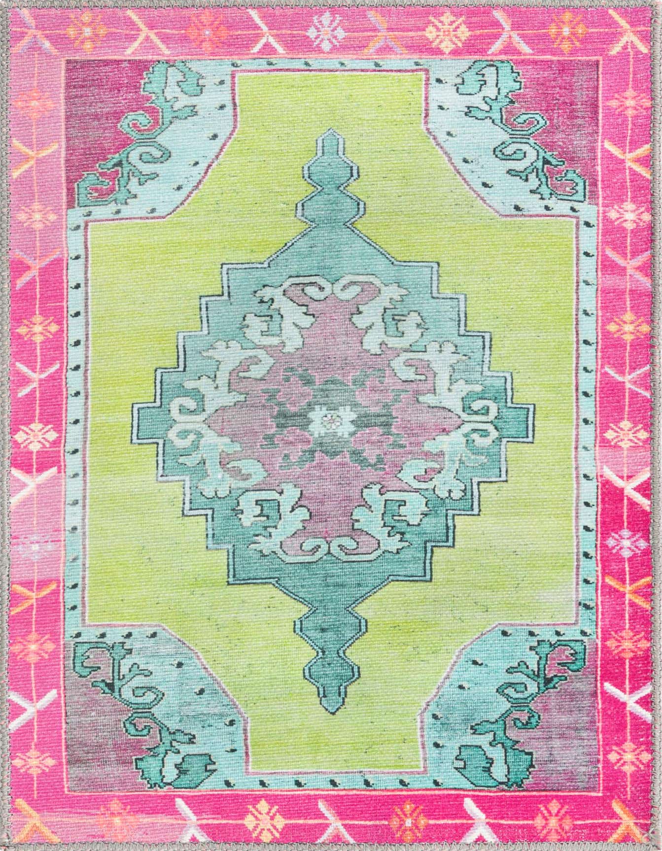 A 2x3 rectangular Rugs.com Timeless rug featuring a vibrant green field with a central teal and pink medallion, framed by a bold pink border with geometric patterns.