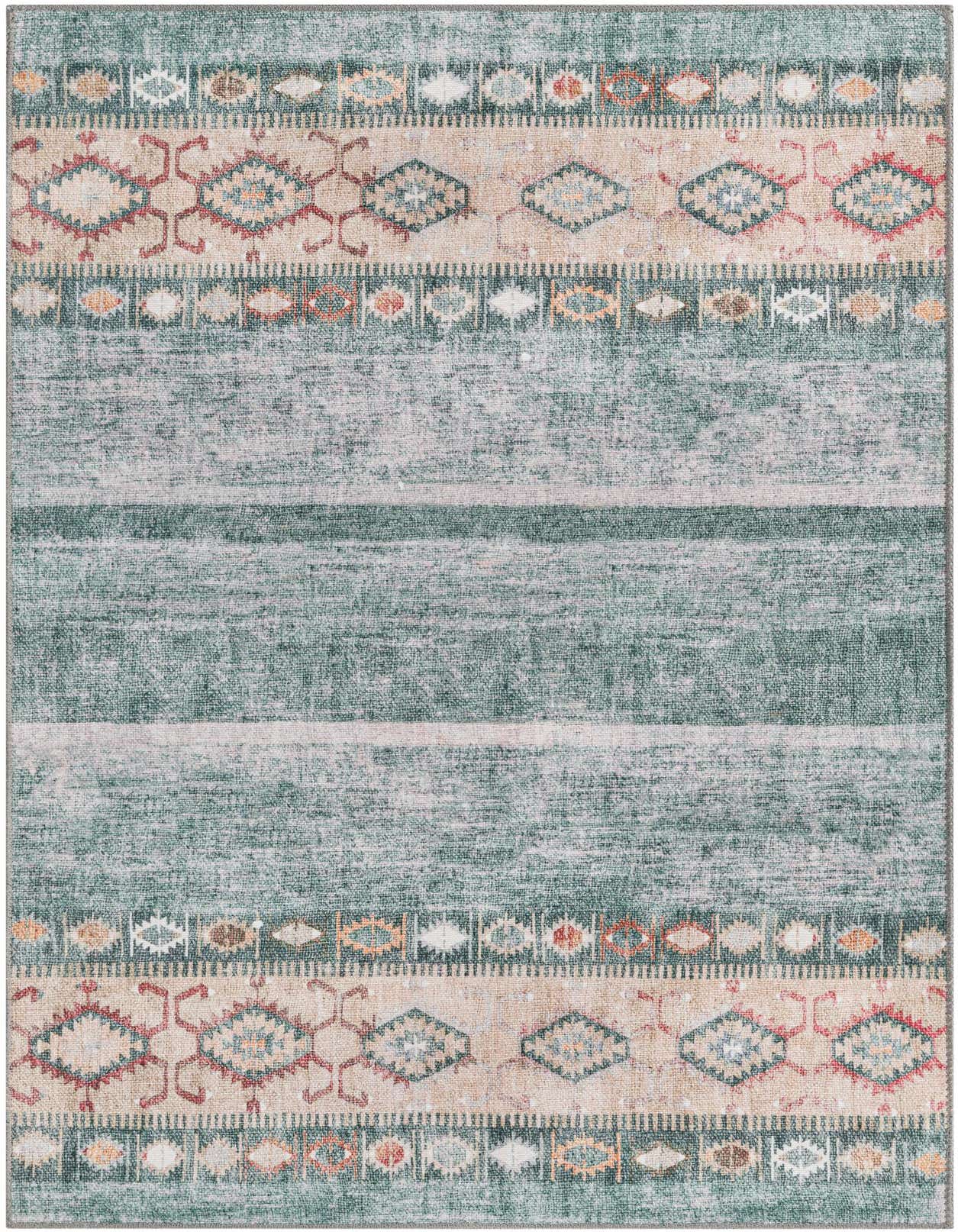A 3x5 rectangular green transitional rug with tribal patterns and stripes, featuring a flatweave texture.