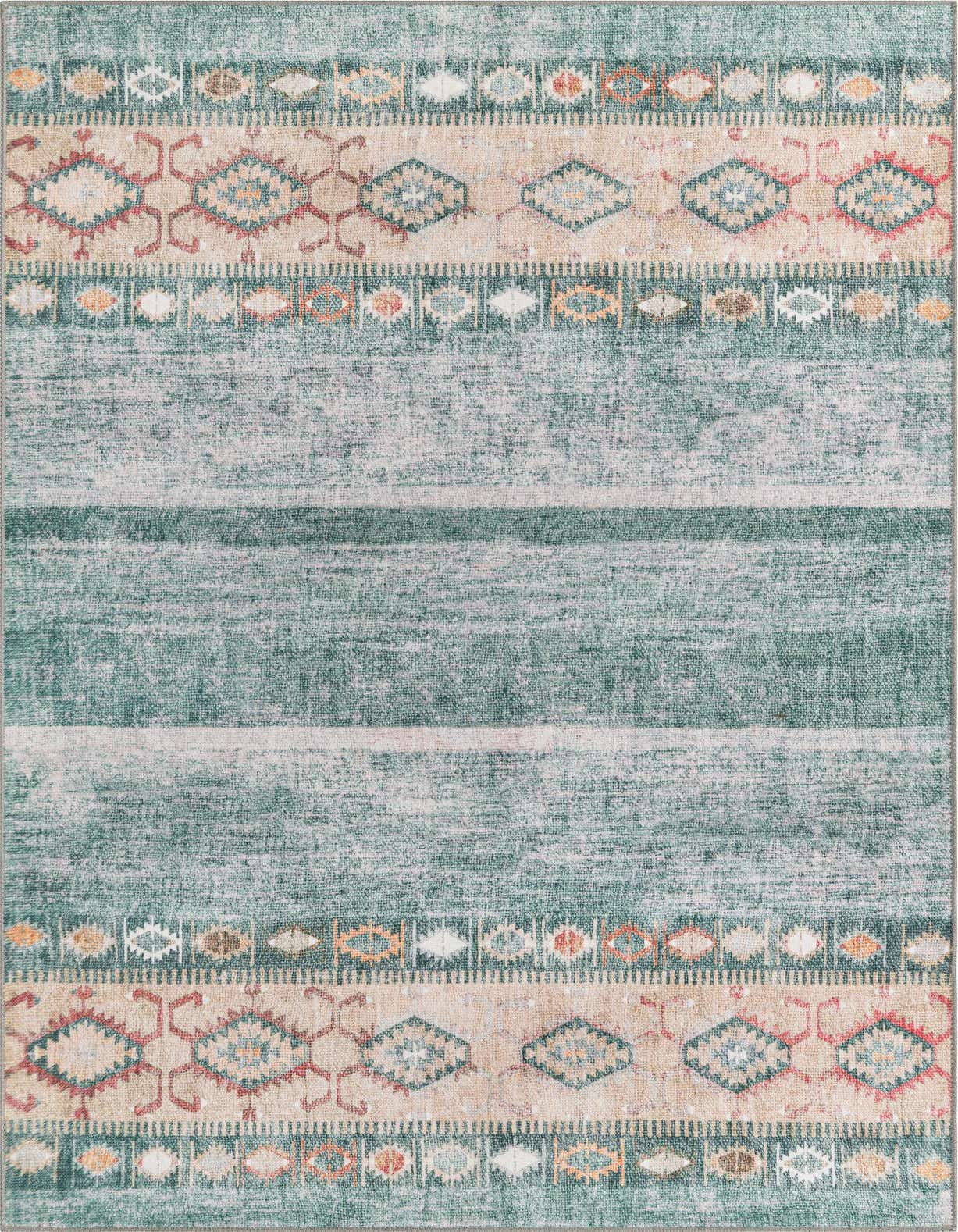 A 5x8 rectangular green and beige transitional rug with tribal stripe patterns and a flatweave texture.