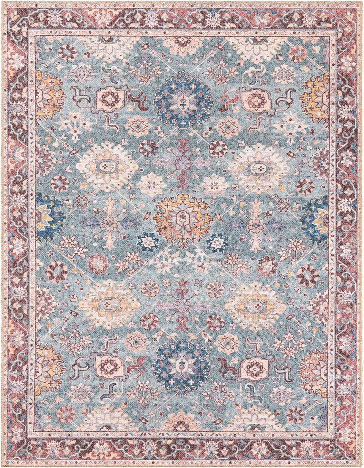 A 5x8 rectangular green oriental rug with a distressed traditional medallion pattern and a detailed border.