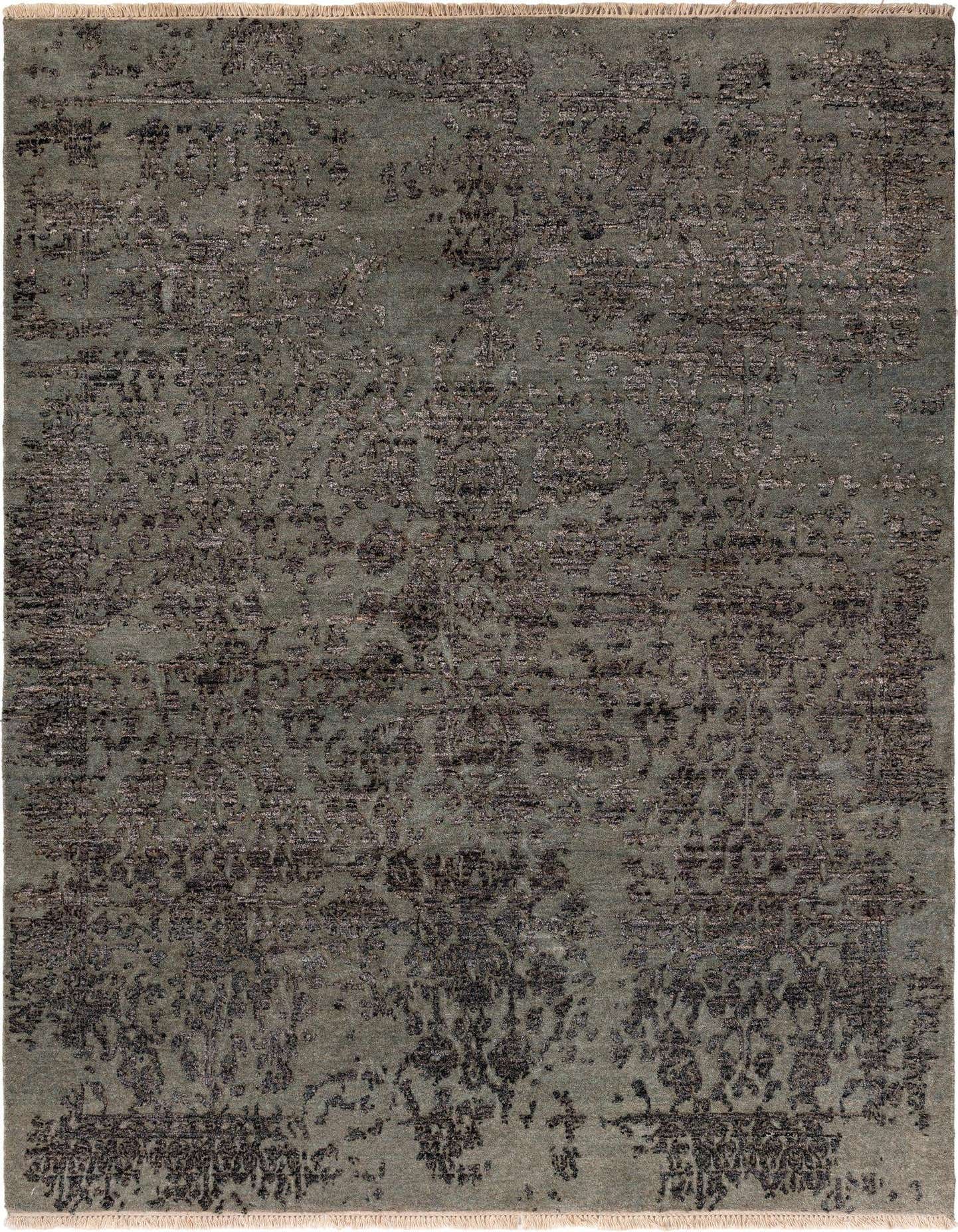 A 4x6 rectangular green Persian wool rug with a distressed, dark floral pattern and short fringe.