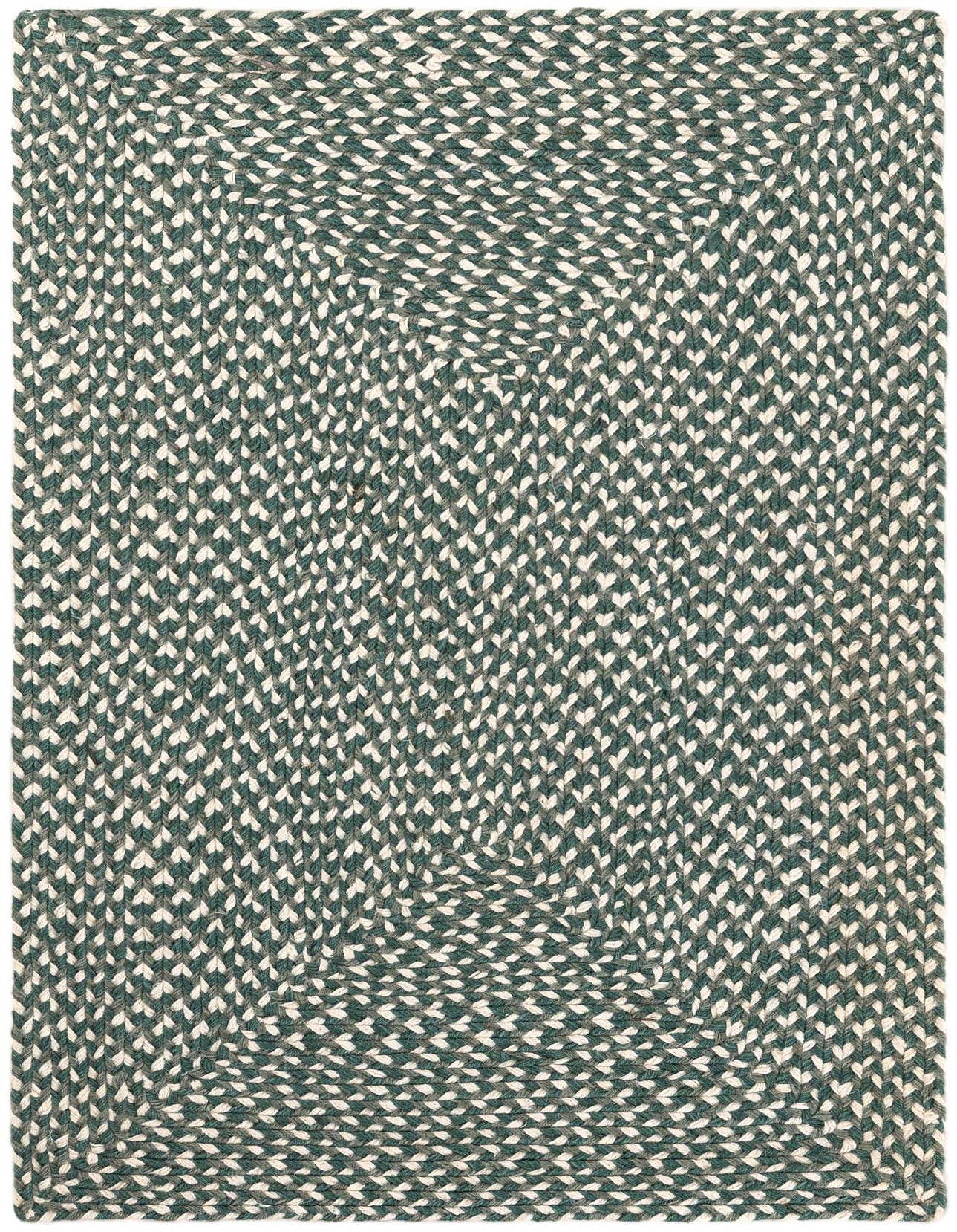 A 2x3 rectangular Rugs.com Tweed Braided Jute rug featuring a tight, handmade green and off-white braided pattern.