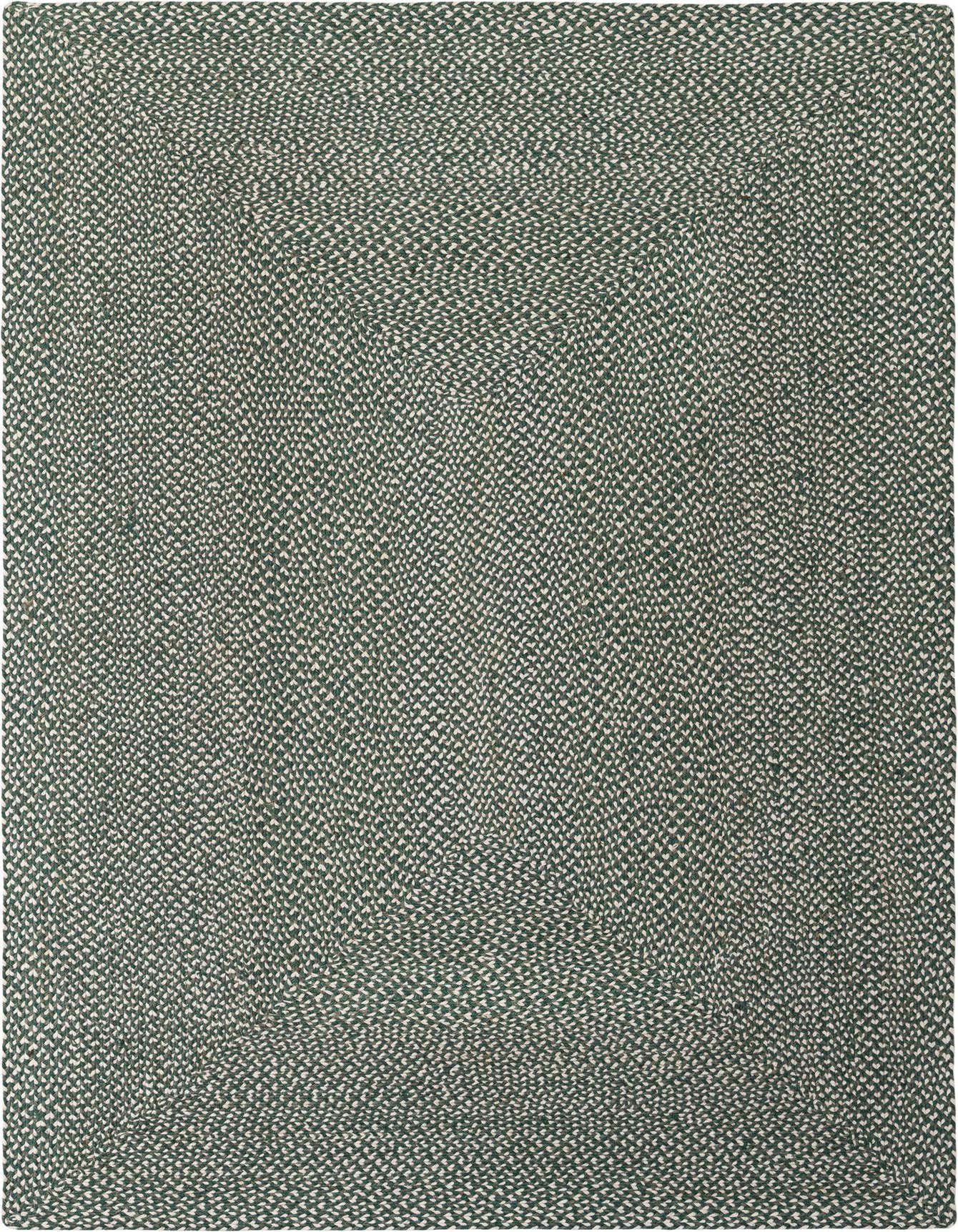 A 6x9 rectangular green modern braided jute rug with a textured, tightly woven pattern.