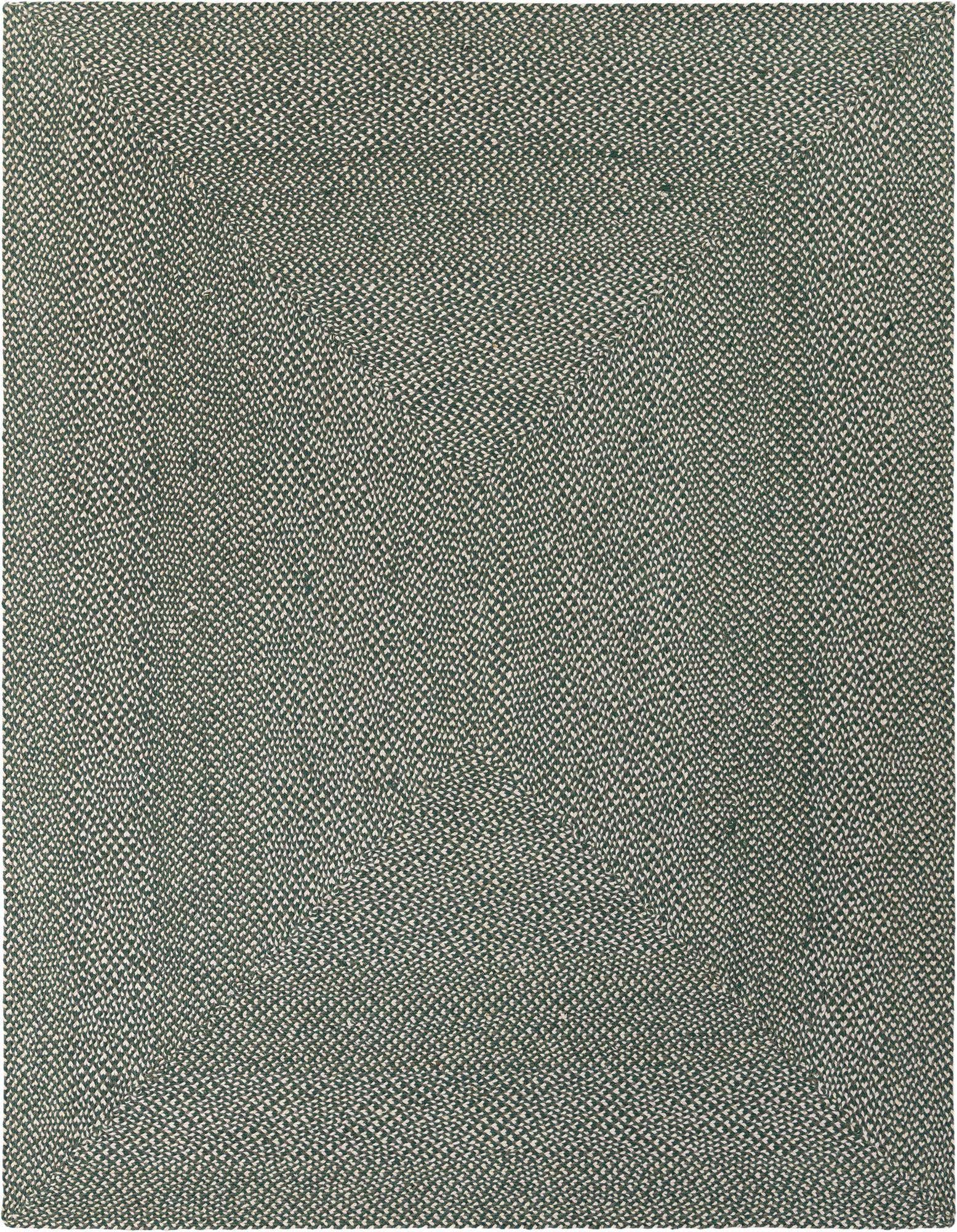 An 8x10 rectangular Rugs.com Tweed Braided Jute rug in varying shades of green, showcasing its woven texture.