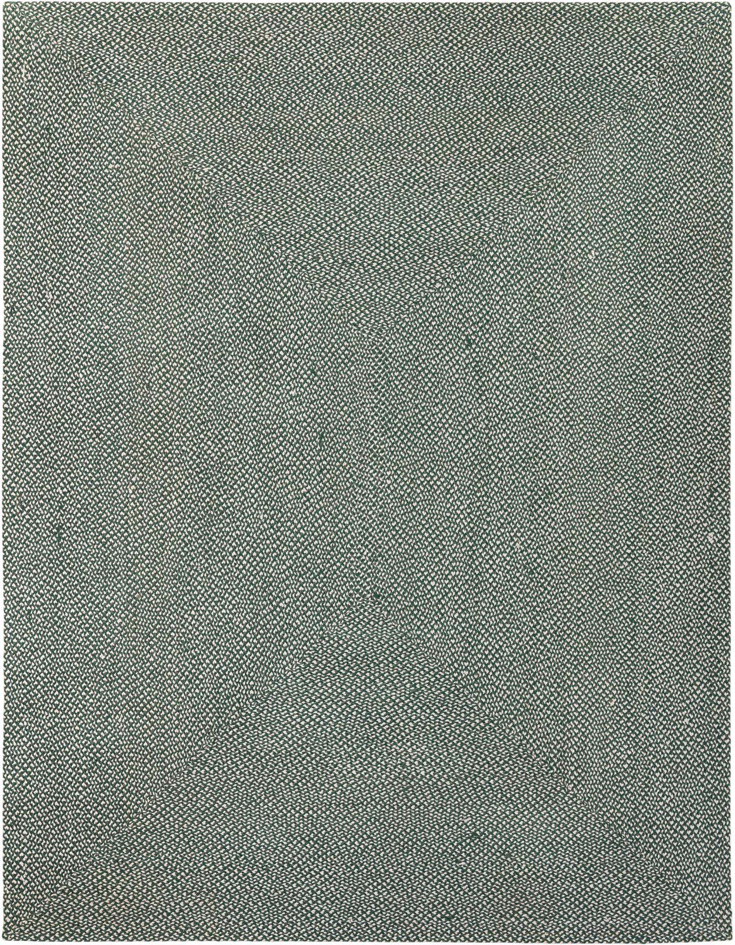 A 9x12 rectangular Rugs.com Tweed Braided Jute rug in a deep green, showcasing its textured, modern weave.