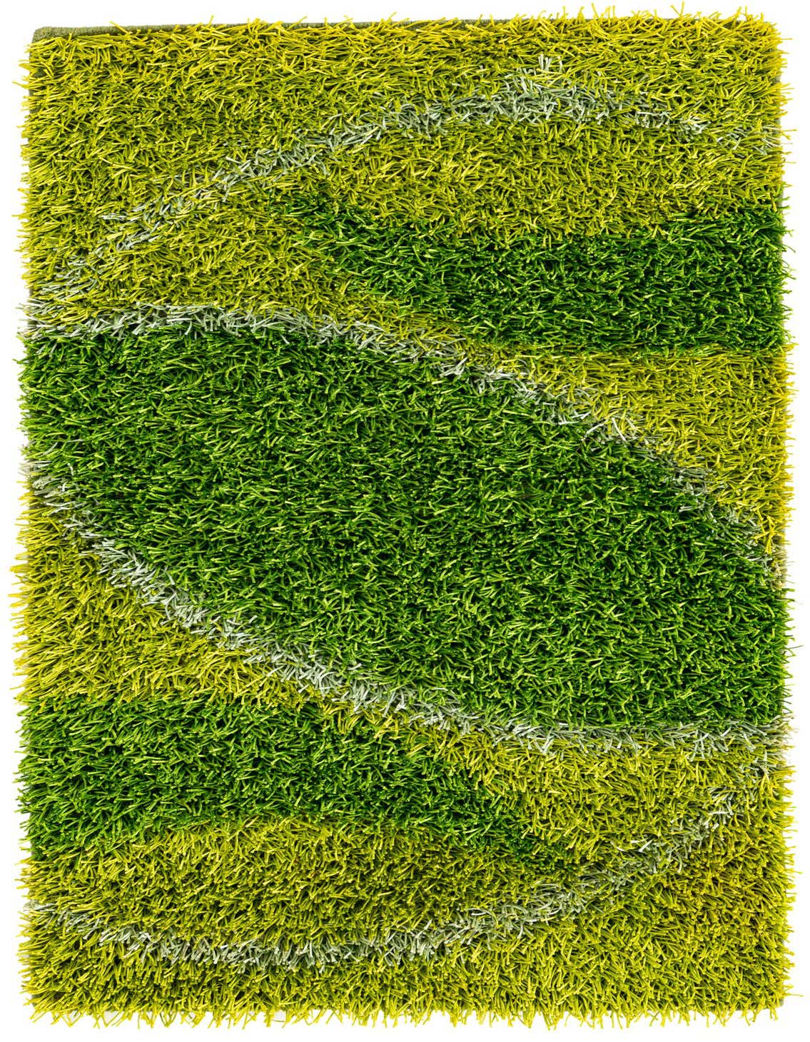 A vibrant 3x5 rectangular shag rug featuring a modern wavy pattern in varying shades of green with subtle white accents.