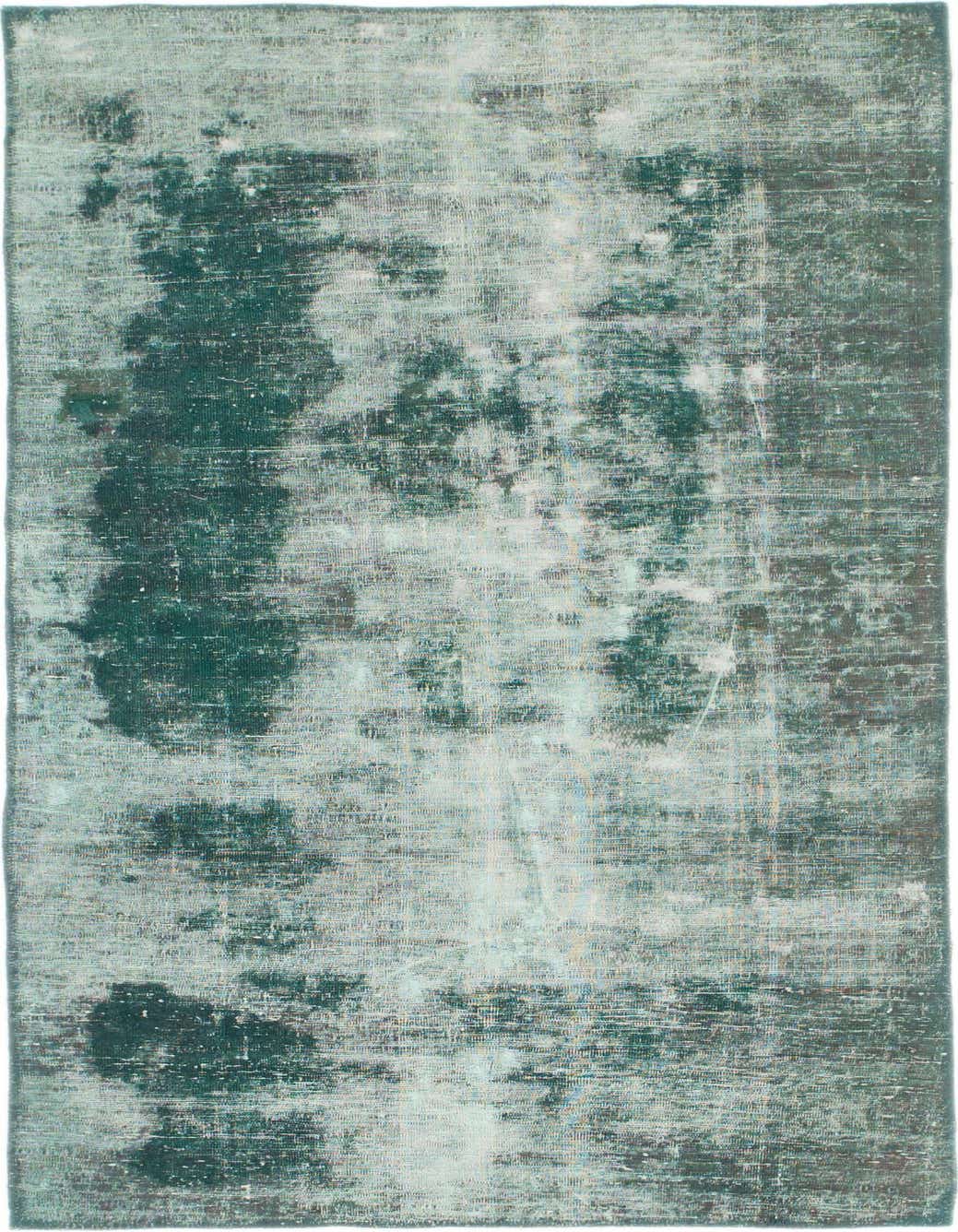 A 4x6 rectangular green wool area rug with a distressed, abstract vintage Persian pattern, ideal for a living room.