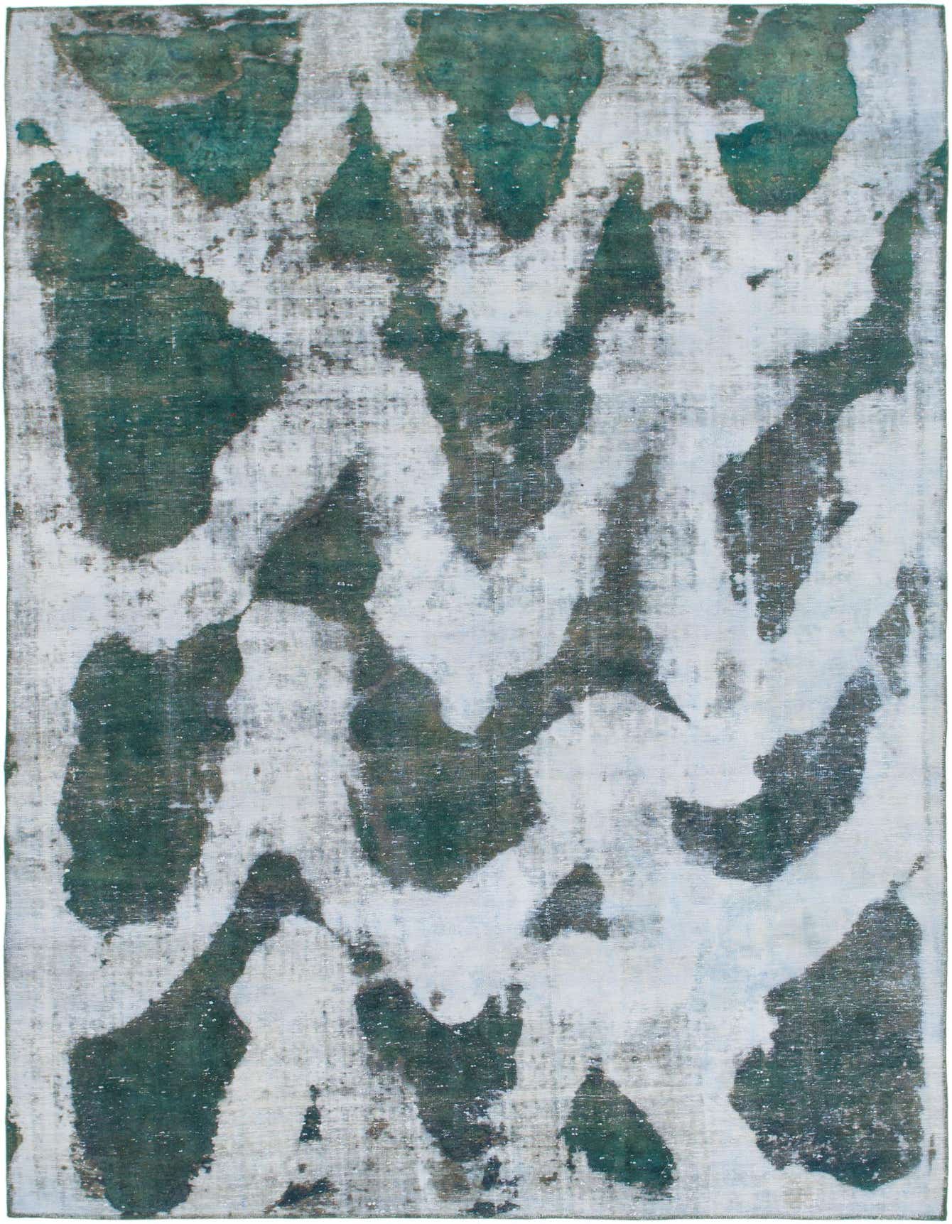 A rectangular 8x11 green and white distressed wool rug with an abstract, vintage-inspired pattern.