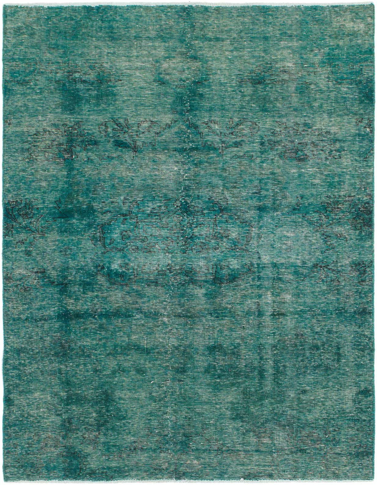 A 5x8 rectangular green wool rug featuring a distressed vintage Persian pattern, suitable for a living room.