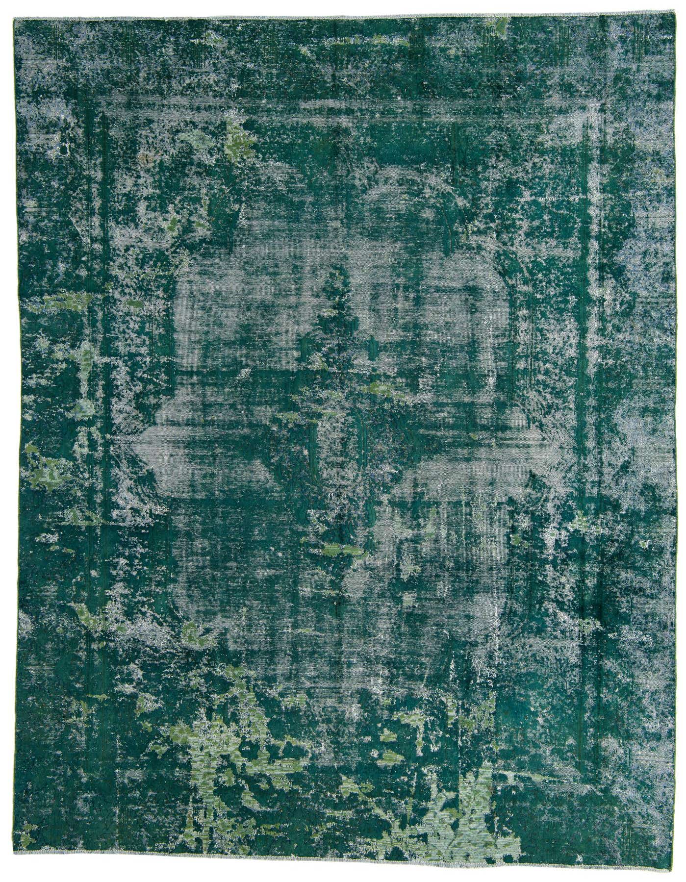 A 9x12 rectangular Ultra Vintage rug in shades of green with a distressed Persian pattern, suitable for a living room.