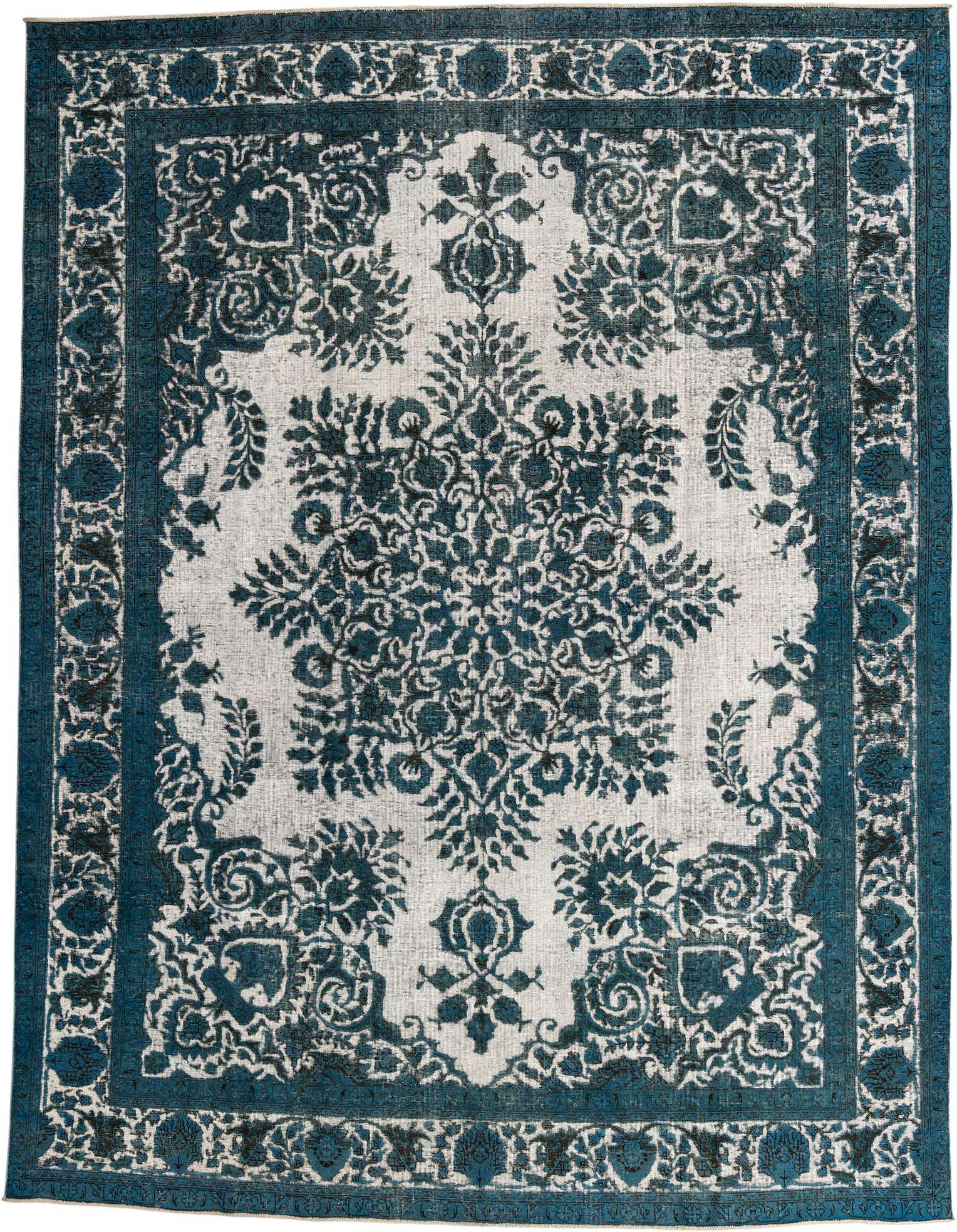 A 10x13 rectangular green and white Persian rug with a faded vintage medallion pattern, ideal for a living room.