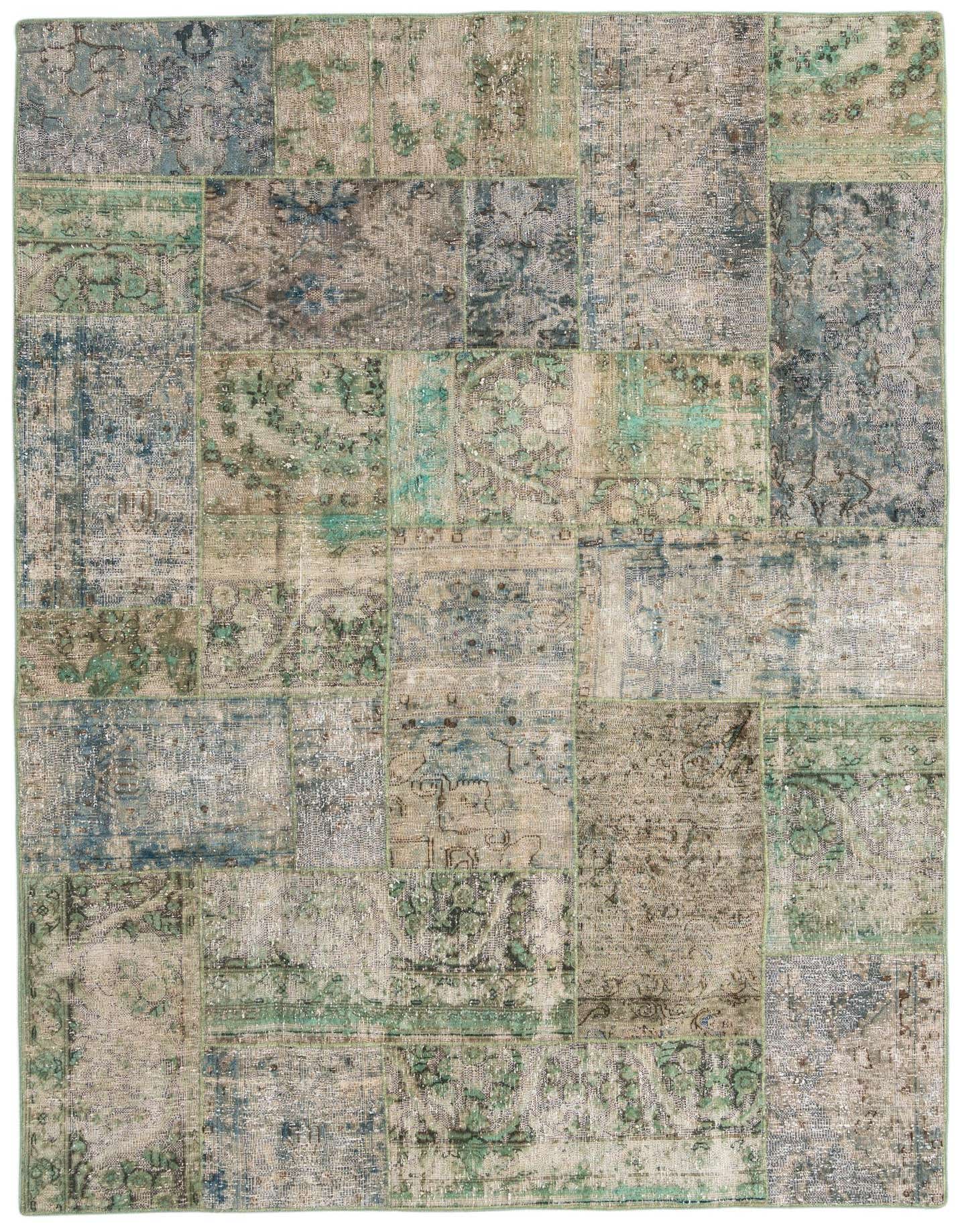 A 5x8 rectangular Ultra Vintage rug featuring a patchwork design with distressed green, blue, and beige Persian-style patterns.