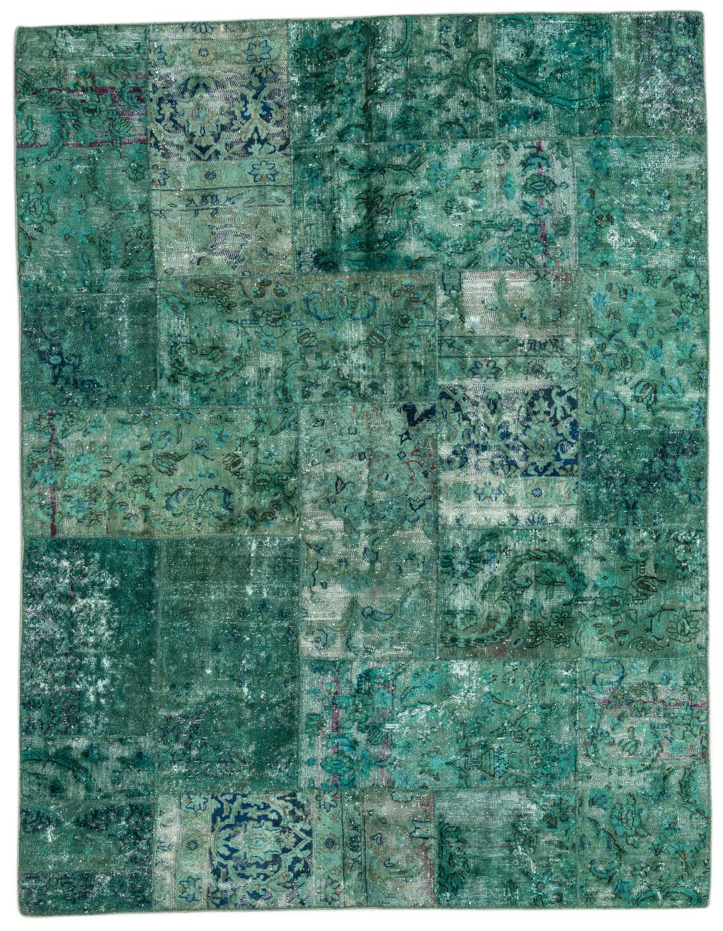 A 5x8 rectangular Ultra Vintage rug featuring a patchwork design in various shades of green with distressed Persian and abstract patterns.