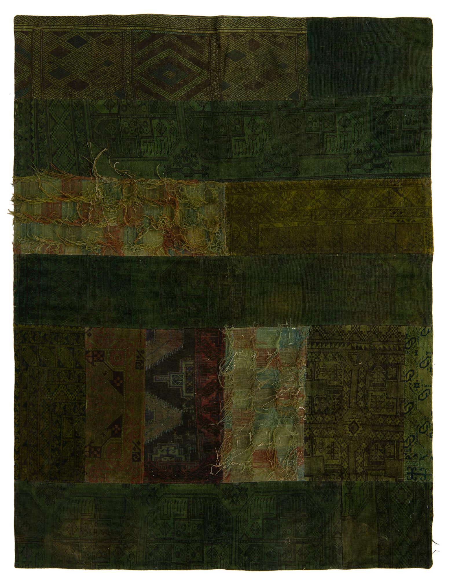 A 6x9 rectangular Ultra Vintage rug featuring a patchwork of green, olive, and dark teal sections with various abstract and Persian-inspired patterns.