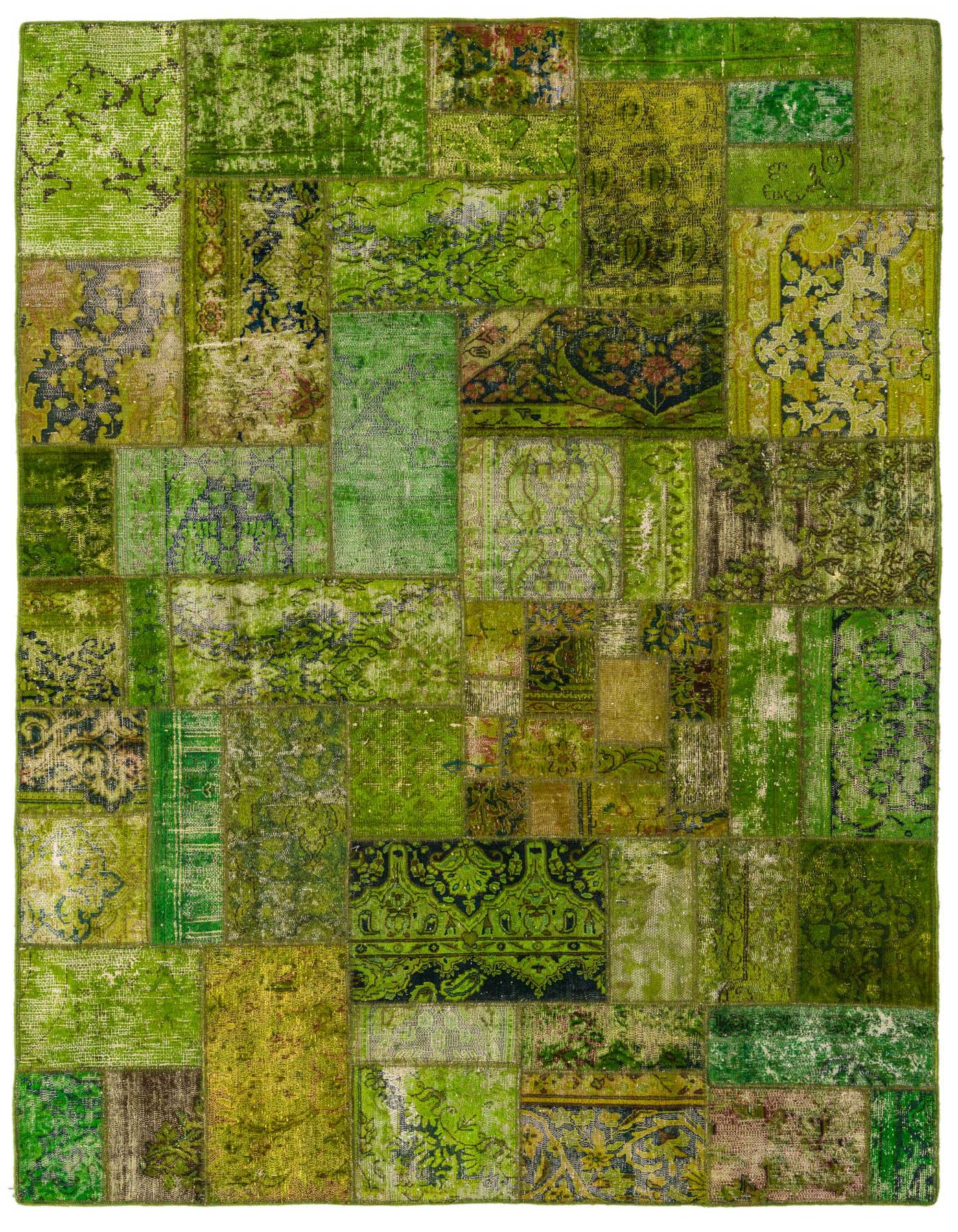 A 6x9 rectangular Ultra Vintage rug featuring a patchwork of green Persian, modern, and abstract patterns, handmade from wool.