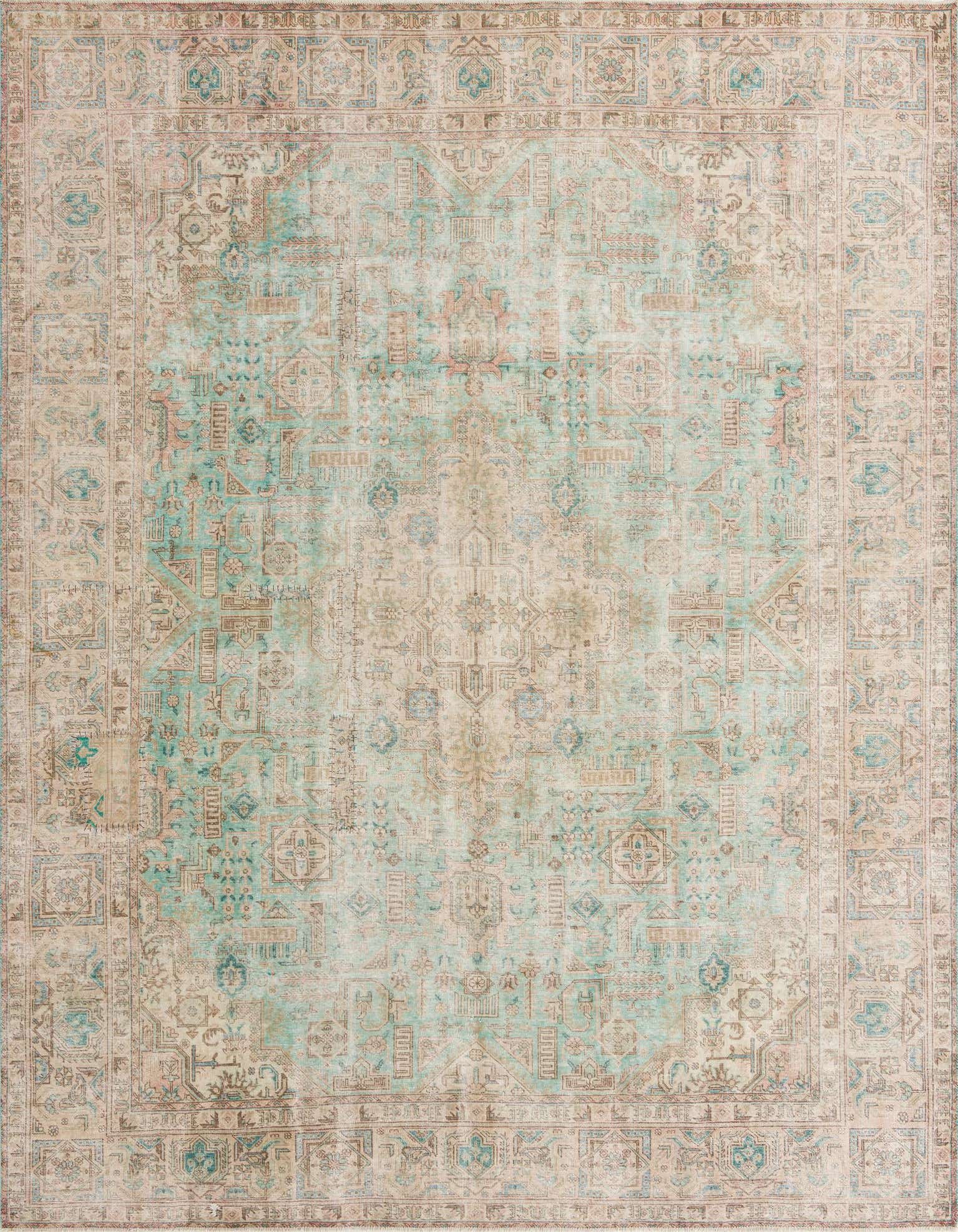 A 10x13 rectangular green Persian rug with a faded vintage medallion pattern and intricate border.