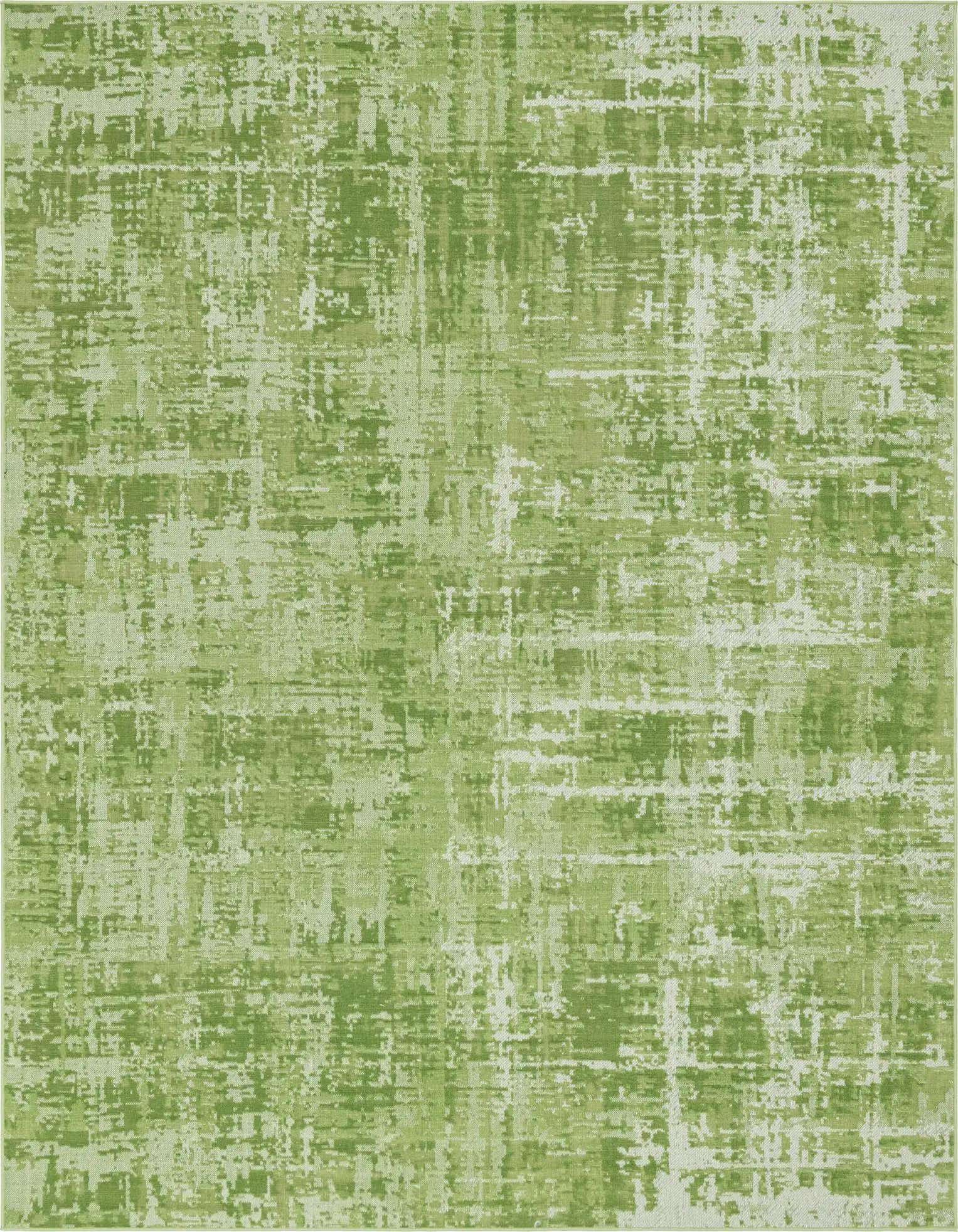 A 9x12 rectangular indoor rug featuring an abstract, distressed pattern in varying shades of green, ideal for a living room.