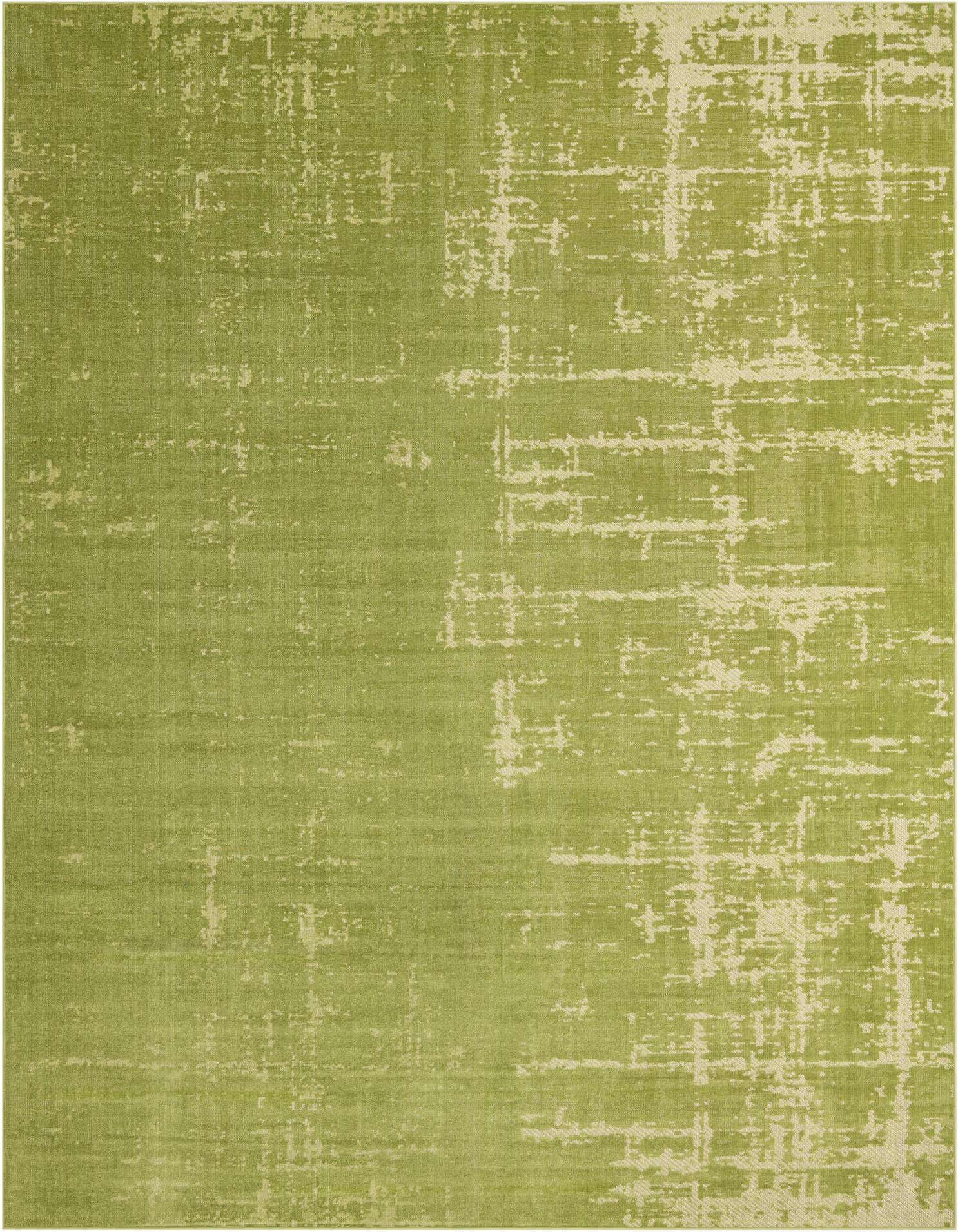 A 10x13 rectangular green modern area rug with a distressed, abstract pattern in lighter green tones.