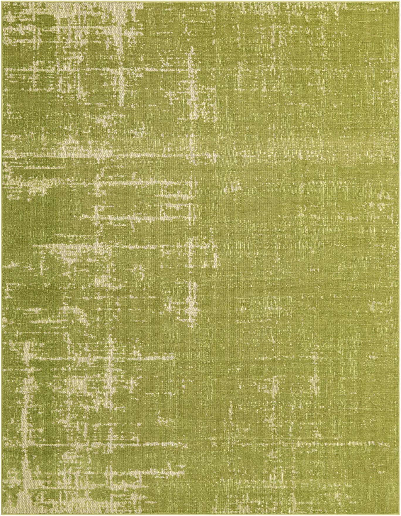 A 6x9 rectangular modern green area rug with an abstract distressed pattern in lighter green tones, suitable for a living room.