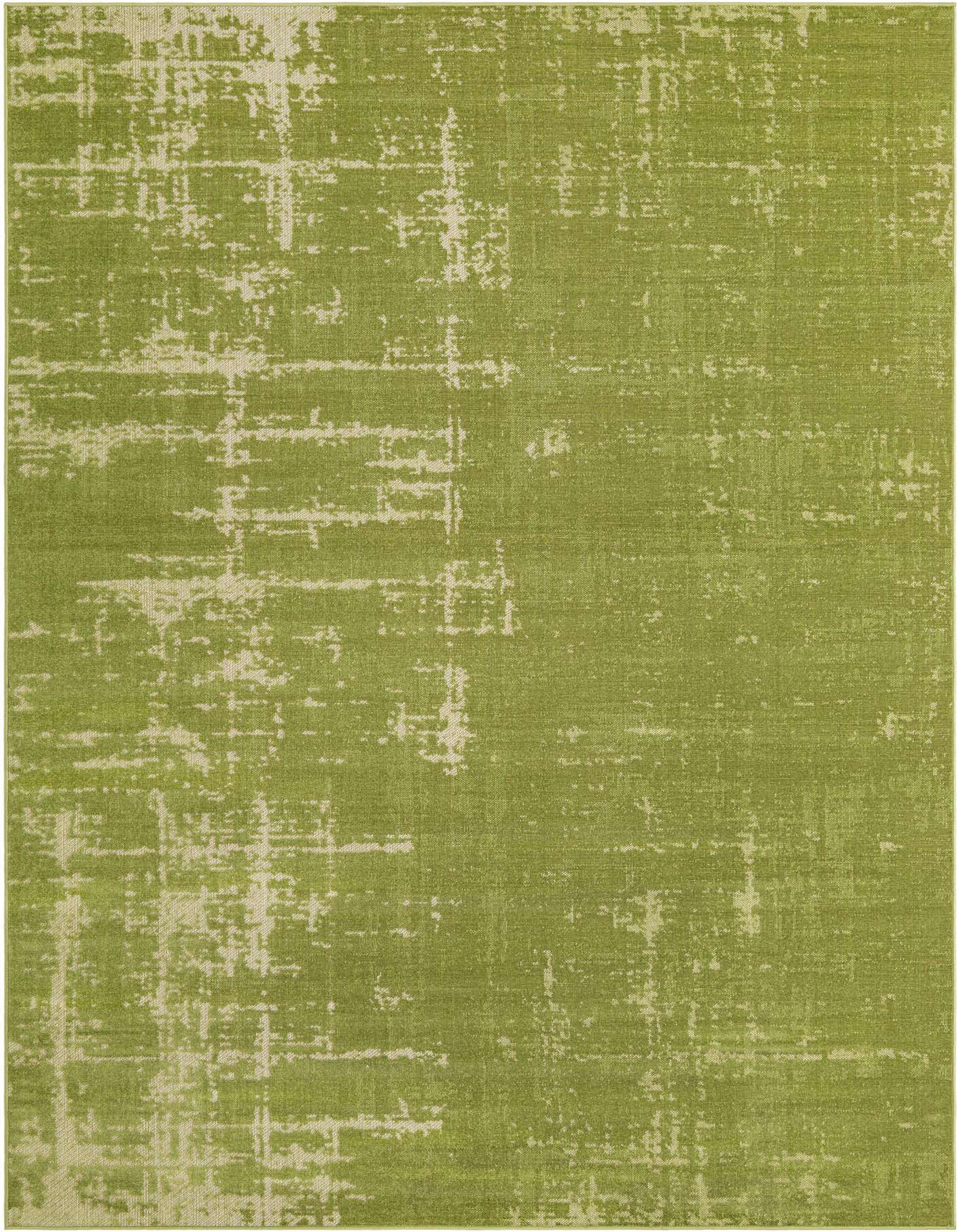 A 7x10 rectangular modern area rug in shades of green with a distressed, abstract pattern, suitable for a living room.