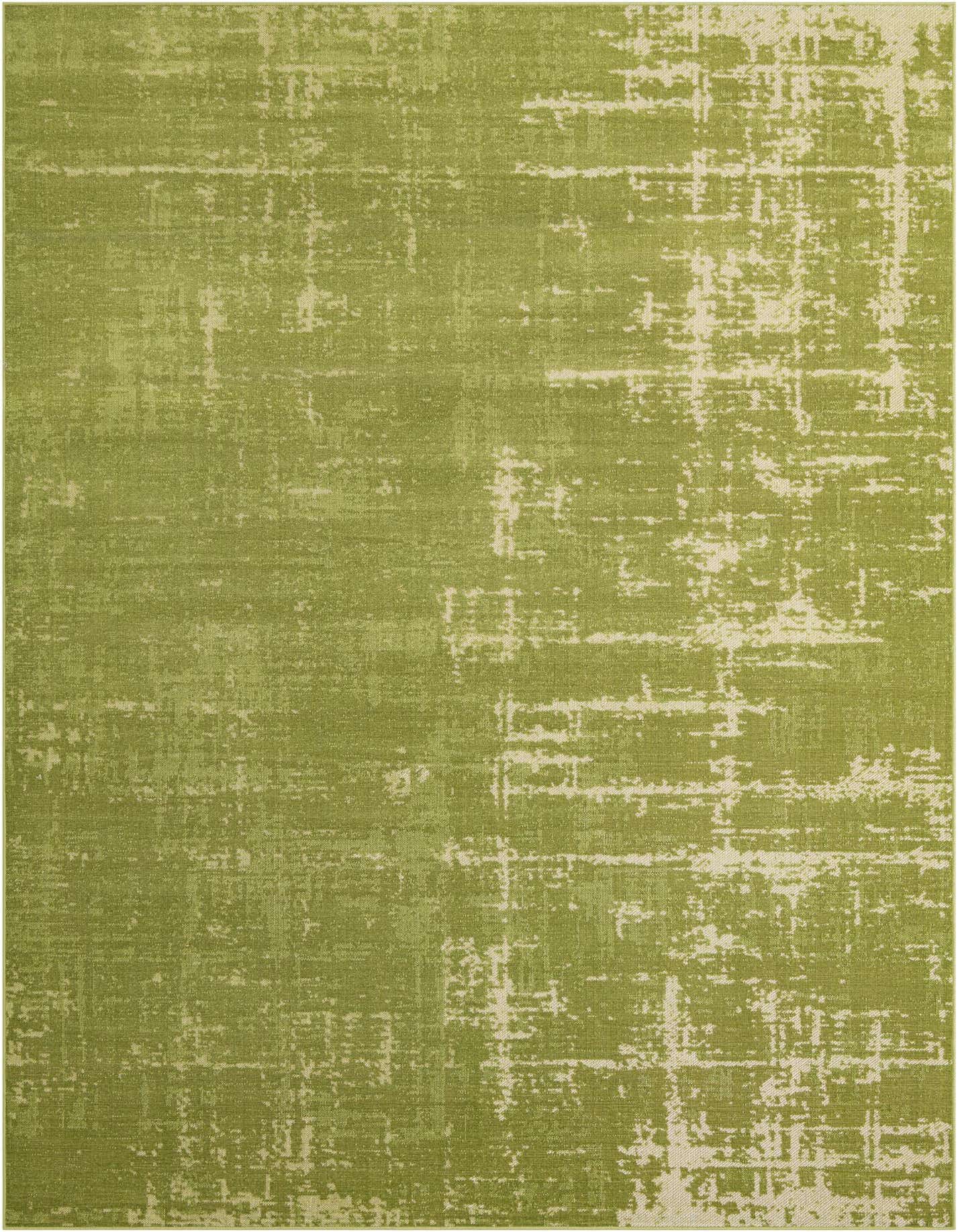 A large 8x11 rectangular modern green area rug with a distressed, abstract pattern in varying shades of green and cream.
