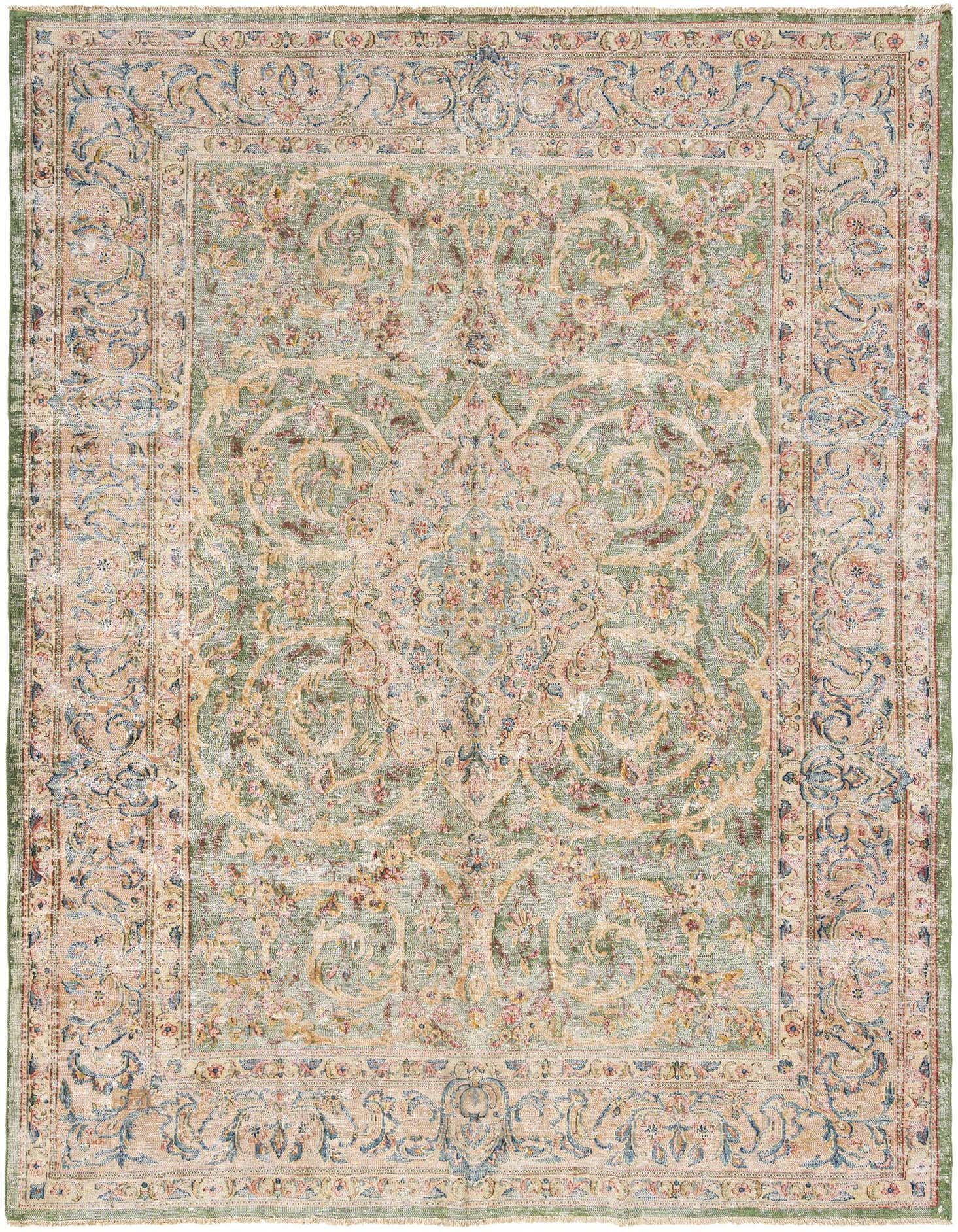 7x10 rectangular Rugs.com Vintage Royal Persian rug in faded greens and beige with intricate floral patterns.