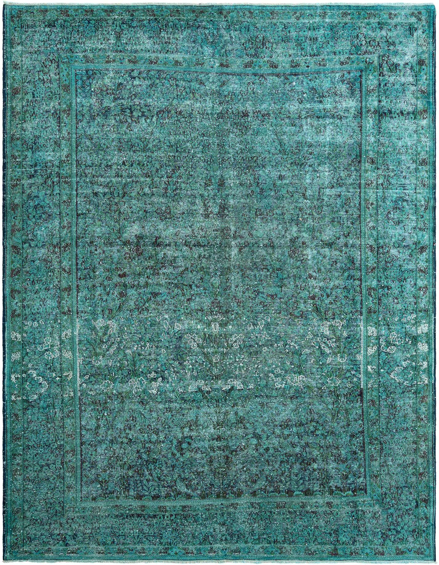 A rectangular 8x11 green Persian wool area rug with a distressed traditional pattern and border.