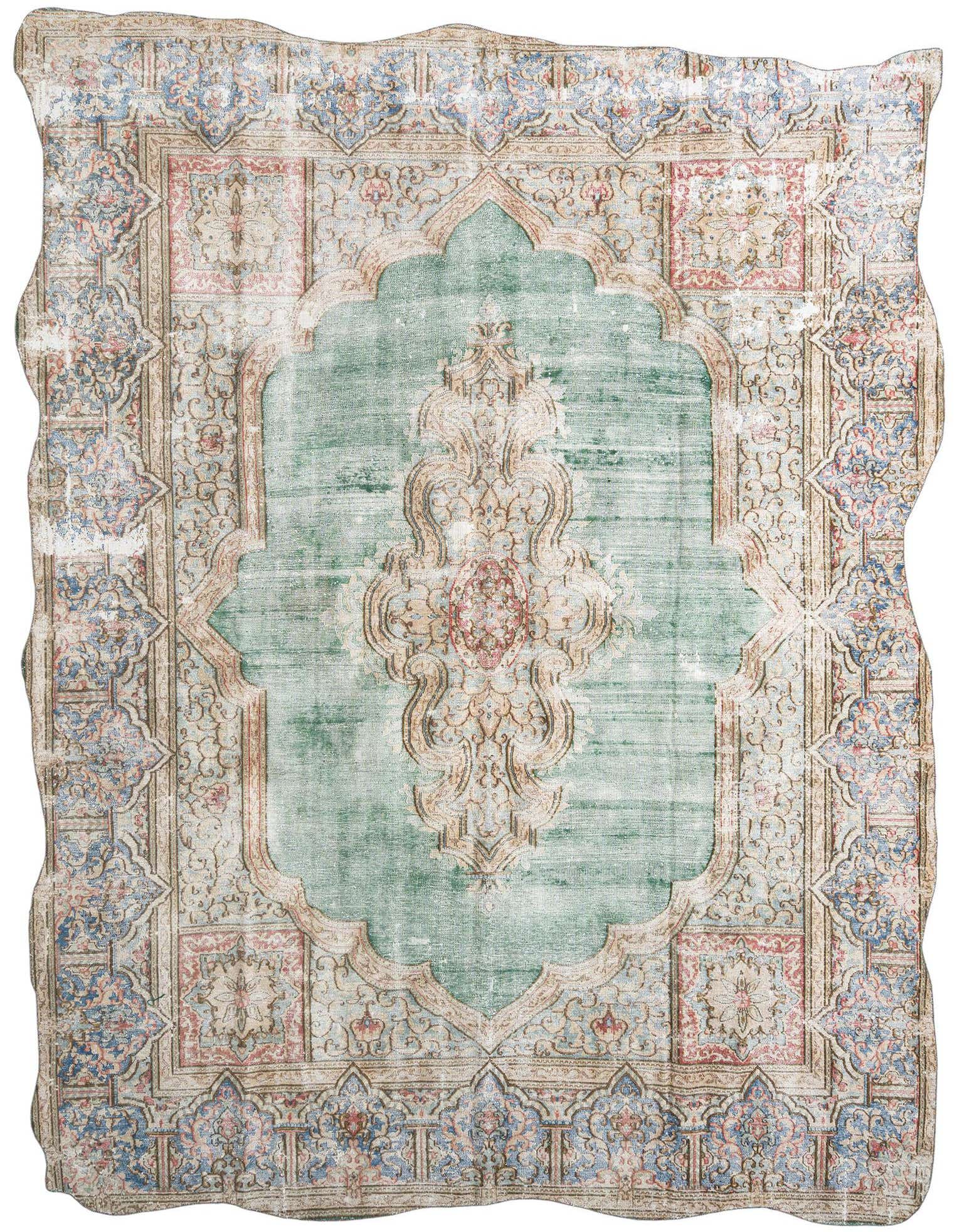 A 9x12 rectangular Rugs.com Vintage Royal Persian rug with a faded green center medallion and intricate floral patterns in blue, red, and beige.