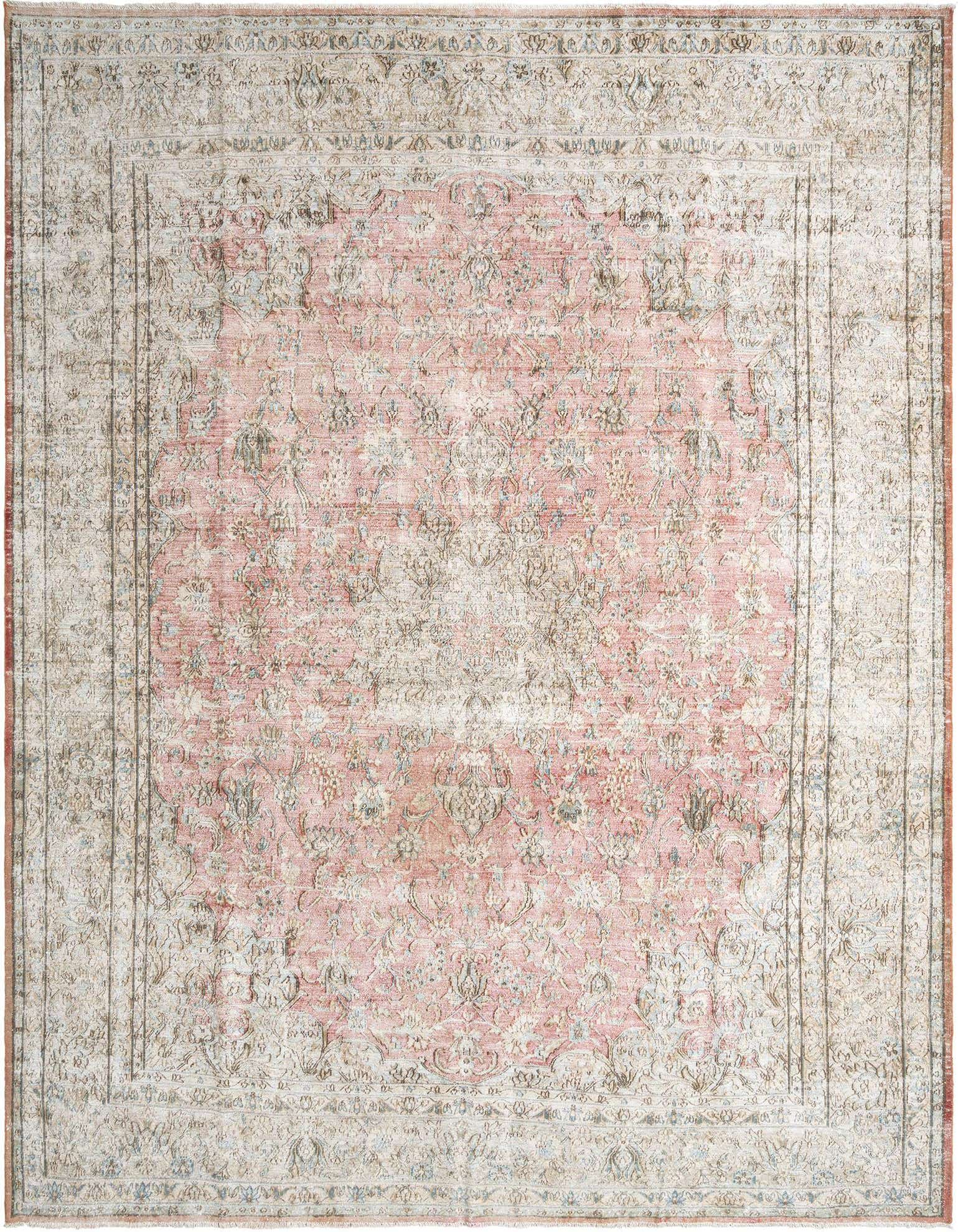 A 10x13 rectangular green Persian wool rug with a distressed, vintage-inspired floral pattern and a central medallion design.