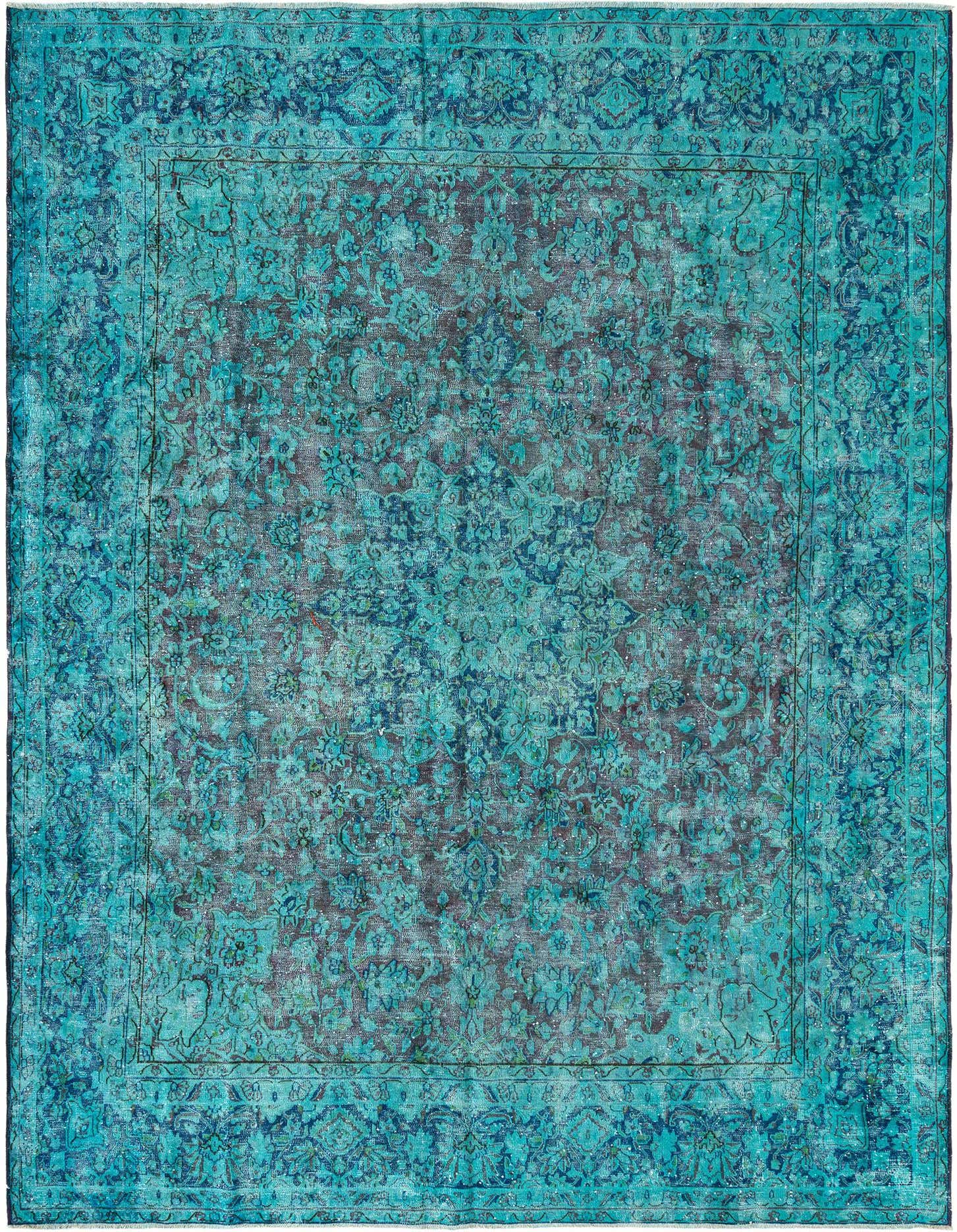 A 9x12 rectangular Rugs.com Vintage Royal Persian rug in varying shades of green with a distressed look.