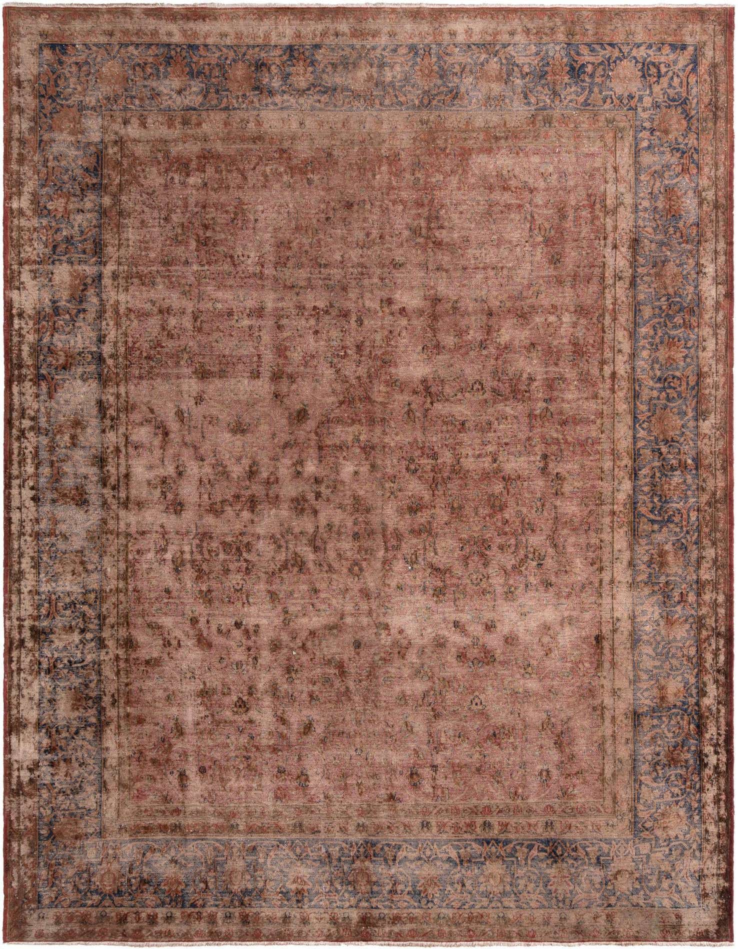 A 10x13 rectangular green Persian wool rug with a distressed, vintage look and intricate floral border.