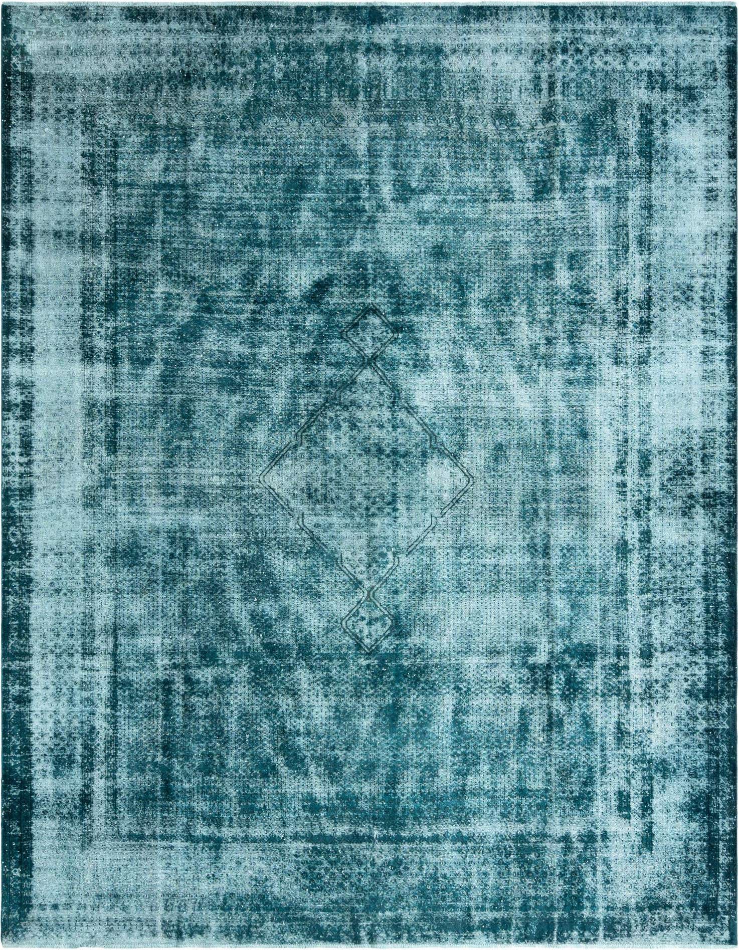 A 9x12 rectangular green Persian wool rug with a distressed vintage look and a subtle central medallion.